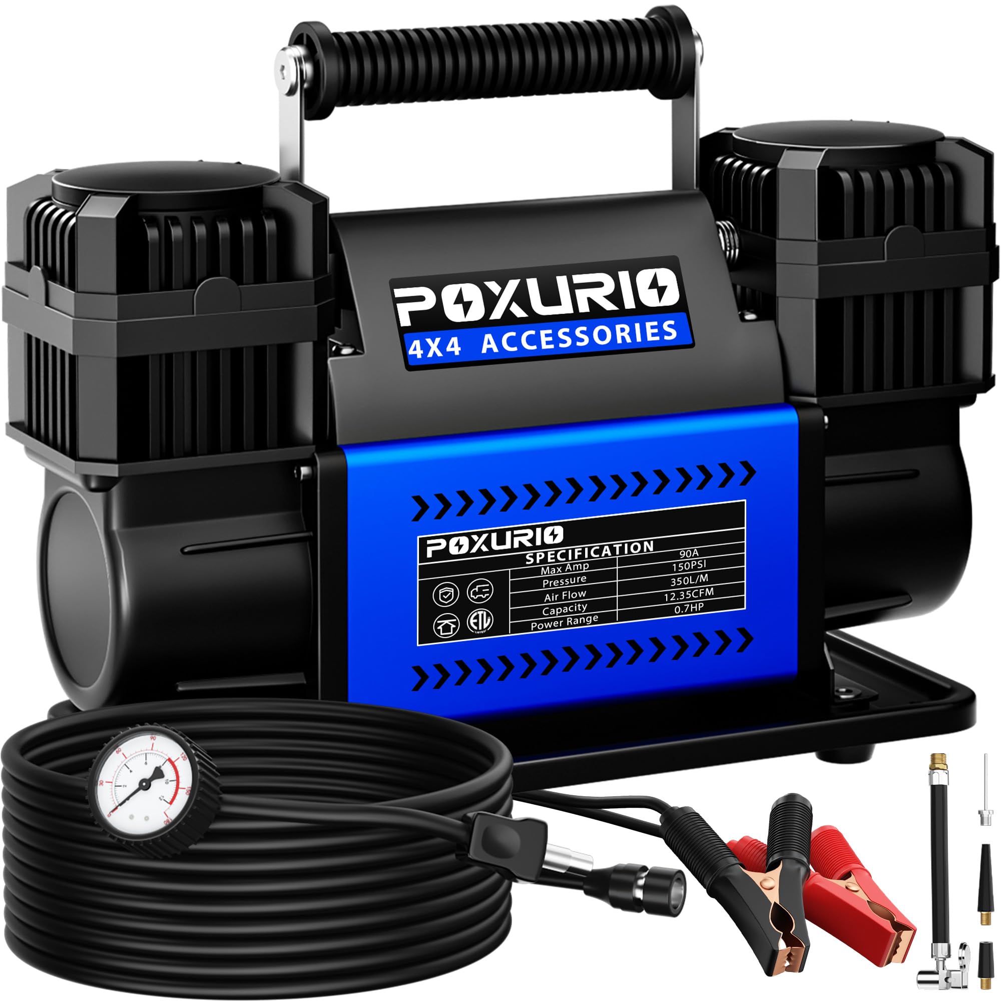 POXURIO Offroad Air Compressor, 12.35CFM Dual Cylinder Portable Air Inflator, 12V 150 PSI Heavy Duty Tire Inflator Pump for Truck Tires, 4x4 Vehicle, RV, Motorcycle