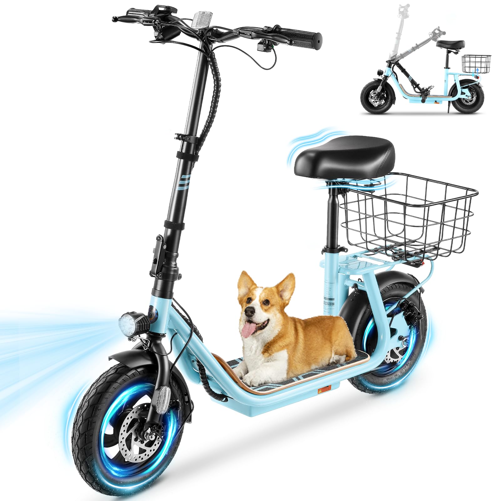 Caroma Electric Scooters for Adults, 819W Peak Motor, 20 MPH Top Speed, 22 Miles Max Range, Foldable Electric Scooter with Seat, Detachable Large Basket, Perfect Commuter E Scooter for Teens