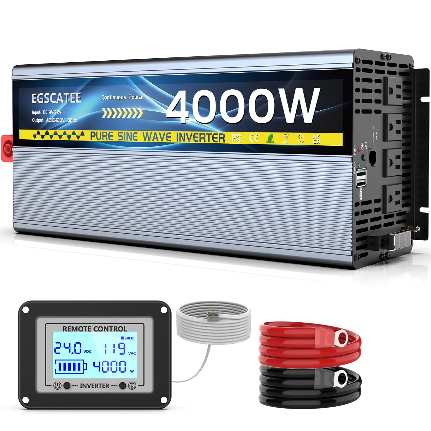 24V 4000W Pure Sine Wave Inverter 12V DC to 110V/120V AC Converter with 4AC Outlets, 5V/3.4A USB, Remote Control with on-Screen Display, Off-Grid Solar Power Inverter for Truck, Home, Vehicles, RV