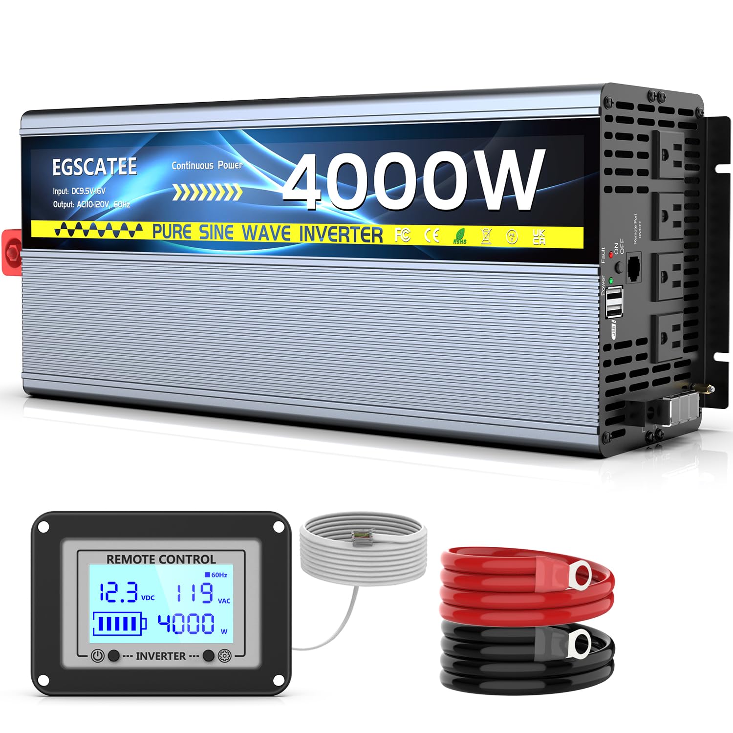 12V 4000W Pure Sine Wave Inverter 12V DC to 110V/120V AC Converter with 4AC Outlets, 5V/3.4A USB, Remote Control with on-Screen Display, Off-Grid Solar Power Inverter for Truck, Home, Vehicles, RV