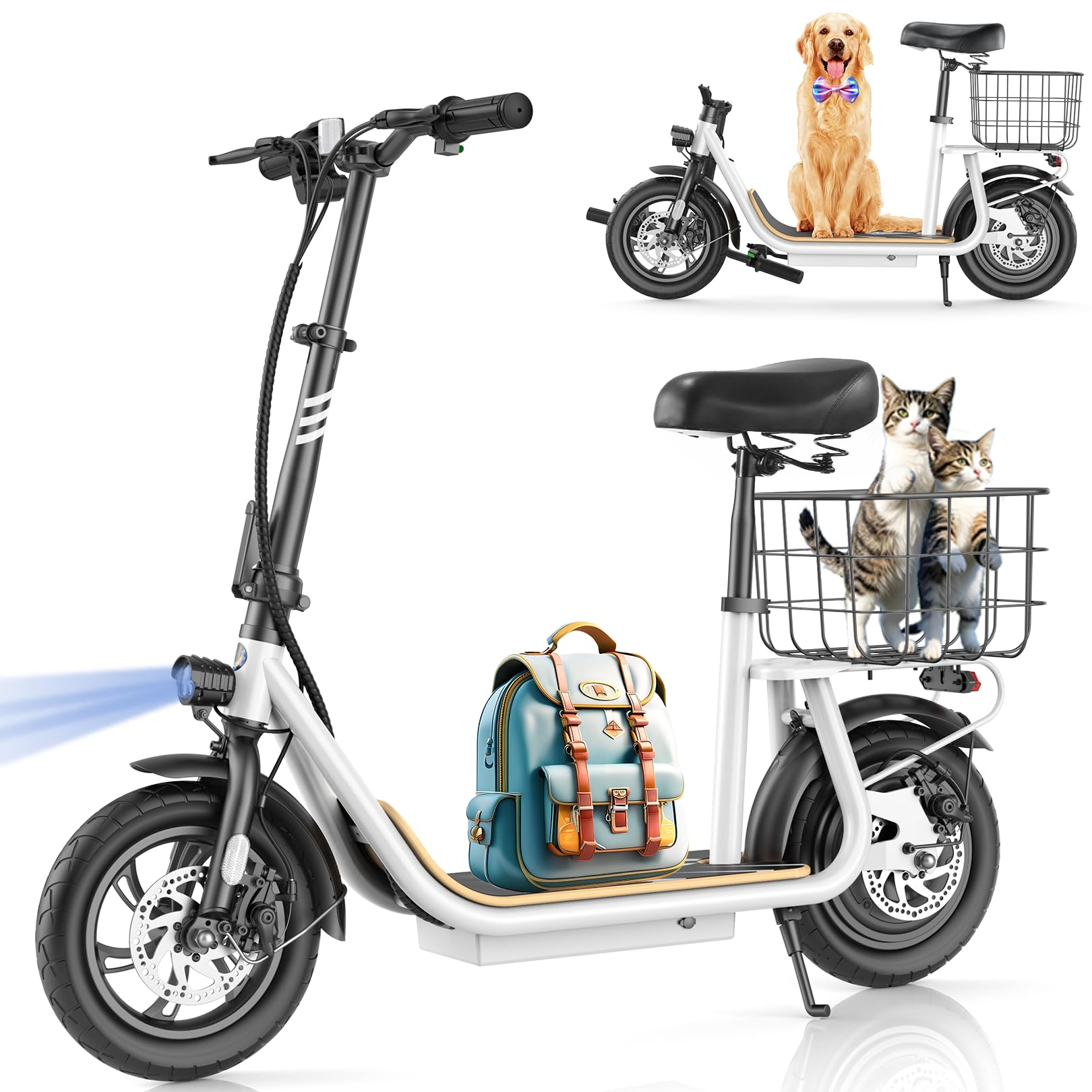 Caroma Peak 560W Electric Scooter Adults, Electric Scooter with Seat and 12" Shock-absorbing Tires, 188Wh Battery up to 12 Miles&20MPH, Foldable Adult Electric Scooter with Basket for Commuting(White)