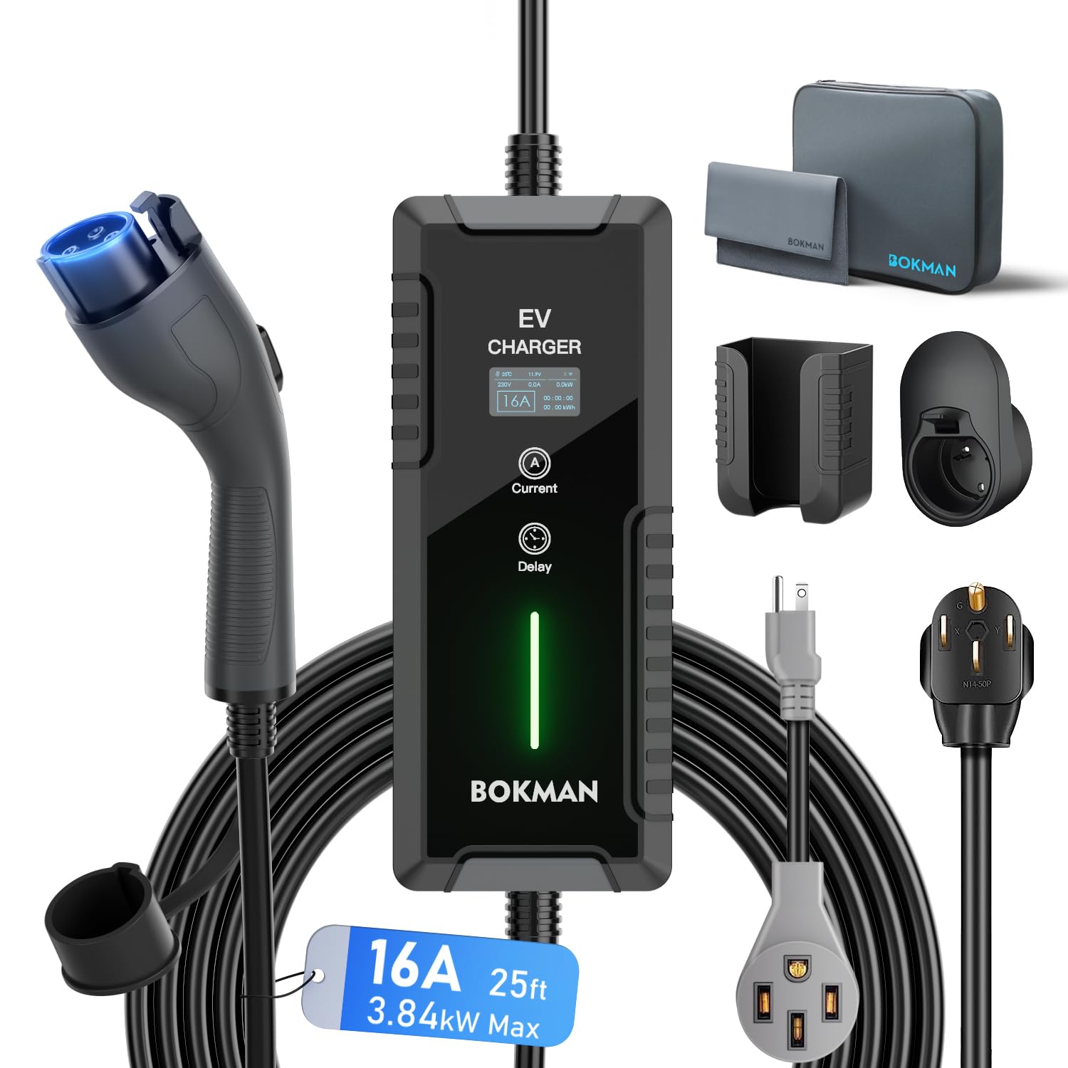bokman Level 1&2 EV Charger (240V, 16Amps) with 25ft Charging Cable and NEMA 6-20 Plug Electric Vehicles Current Adjustable and Reservation Charging Function (NEMA 5-15 Included)