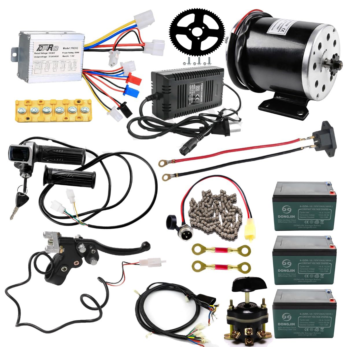 YC Yier 36V 500W Electric Scooter Motor Kit with Controller, 3 x 12v 12ah 6-DZM-12 Battery, 25H 65T Rear Chain Sprocket for Upgrade Razor MX350 MX500 E300 MX400 Dirt Rocket Bike Bicycle