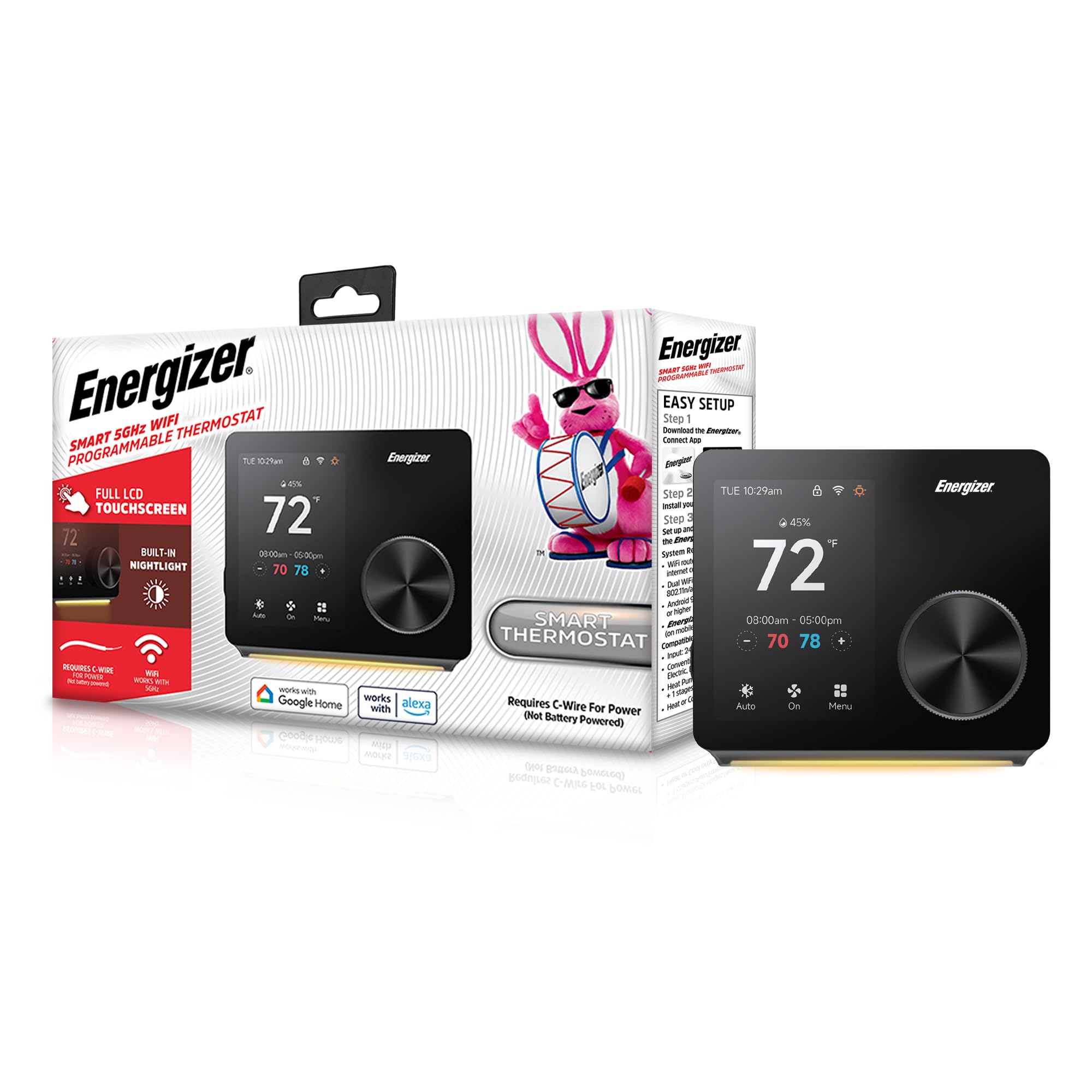 Energizer Smart Thermostat, Programable Wi-Fi Thermostat, 5GHz & 2.4GHz, Compatible with Alexa and Google, App Control, 3.5” inch Color Touch Screen, Easy Installation, 7 Day Scheduling, Night Light