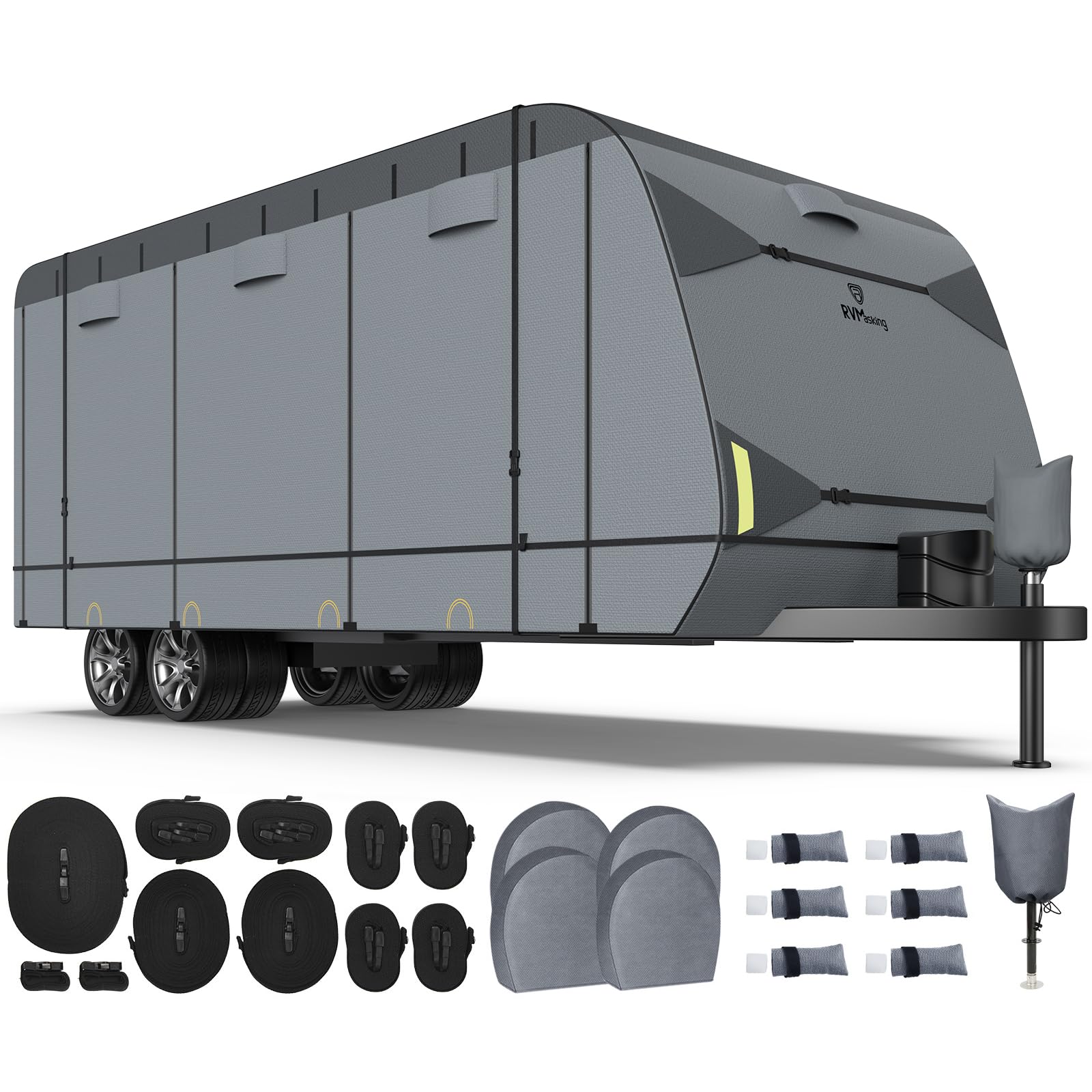 RVMasking RV Cover, 7 Layers Travel Trailer Cover with 4 Tire Covers for 26'1"-28'6", Heavy Duty Windproof Rip-Stop Anti-UV Camper Cover, Dark Gray