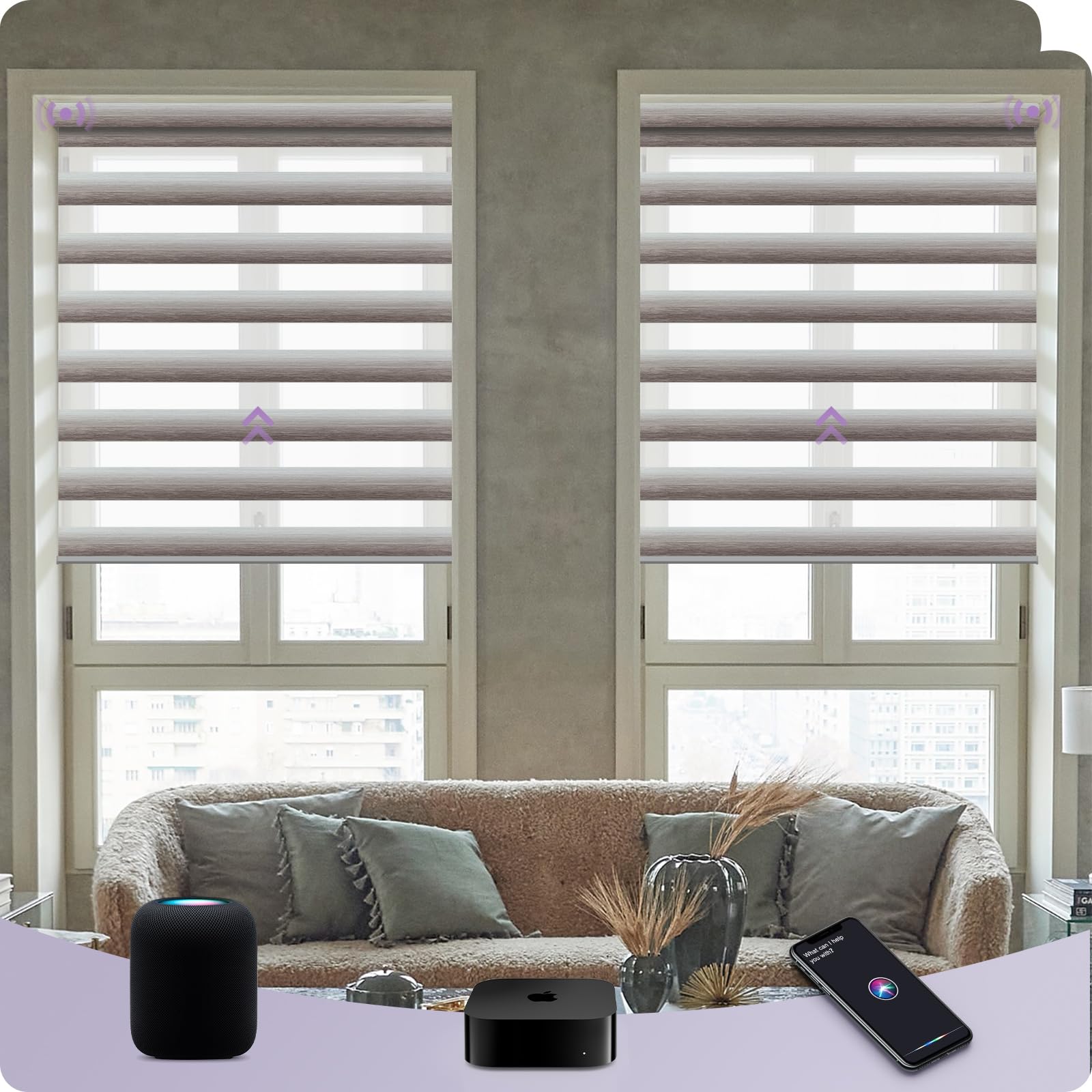 Graywind HomeKit Smart Zebra Blinds Eve Powered Siri Voice Home App Rechargeable Motorized Dual Layer Blinds Privacy Light Control, Custom Size (Gradient Brown)