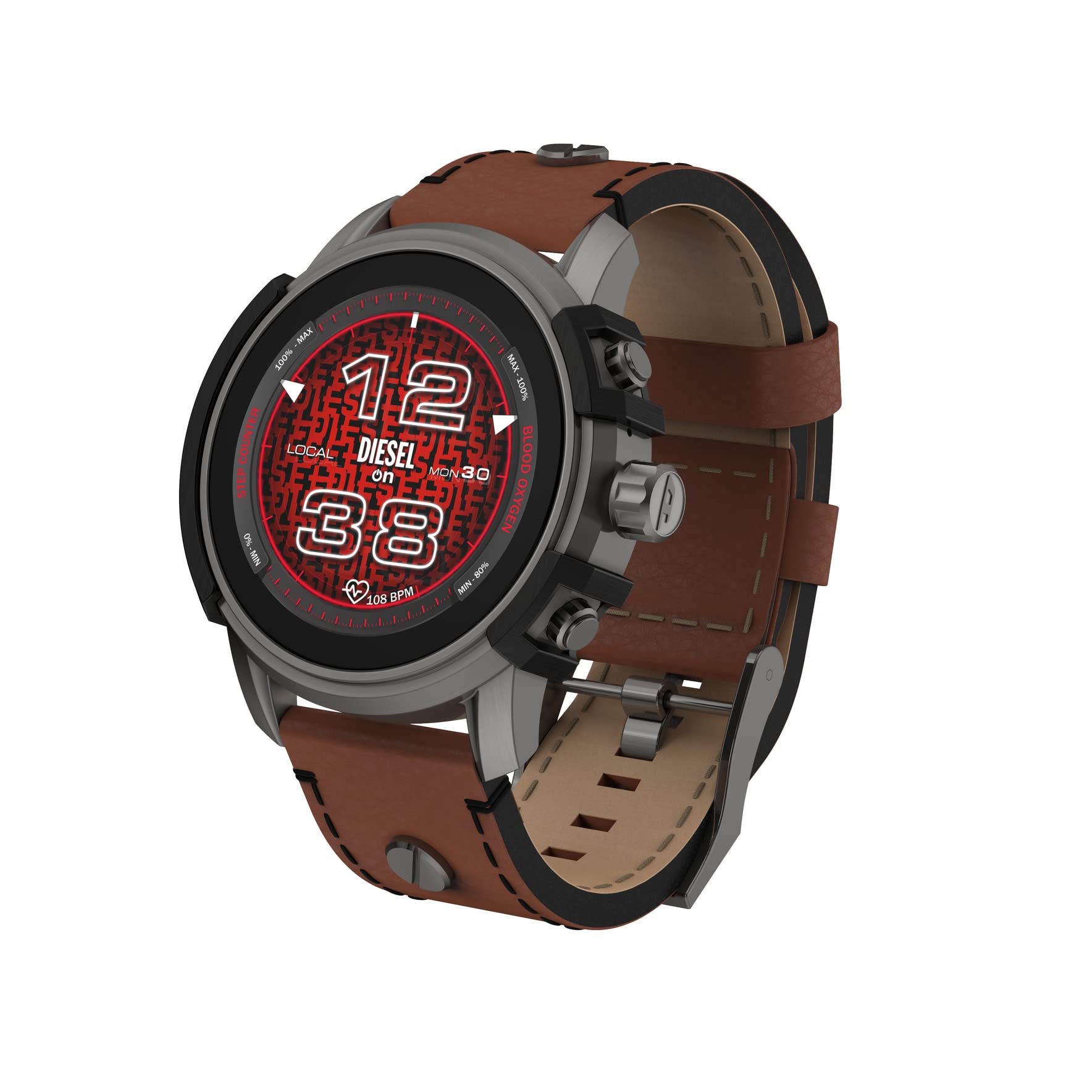 Diesel Men's Griffed Gen 6 45mm Stainless Steel and Leather Touchscreen Smart Watch, Color: Brown (Model: DZT2043V)