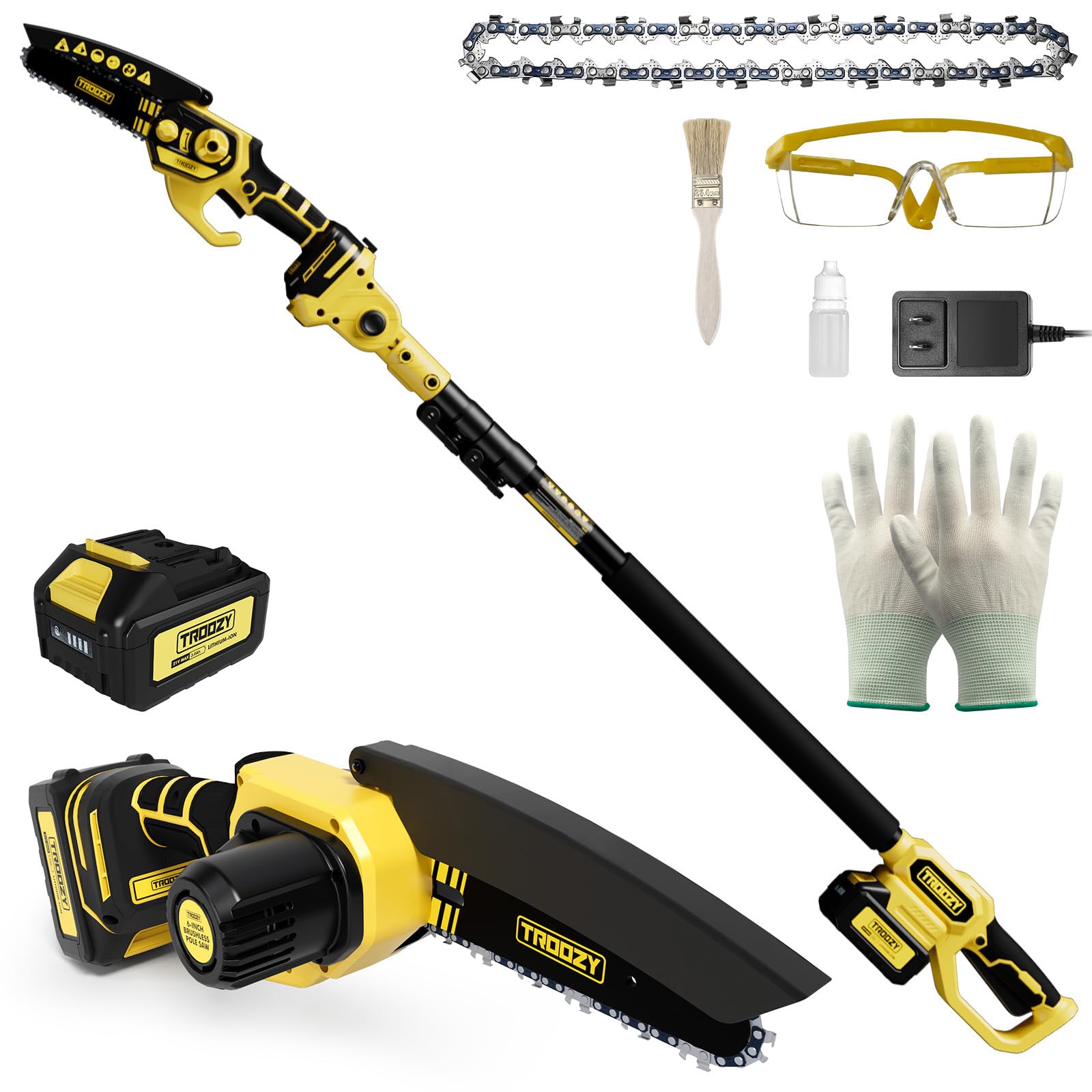 TROOZY Cordless Pole Saw & Mini Chainsaw 2-in-1, 6-inch Brushless Electric Tree Trimmer,Tree Cutter for Outdoors Pruning & Wood Cutting, Battery Included