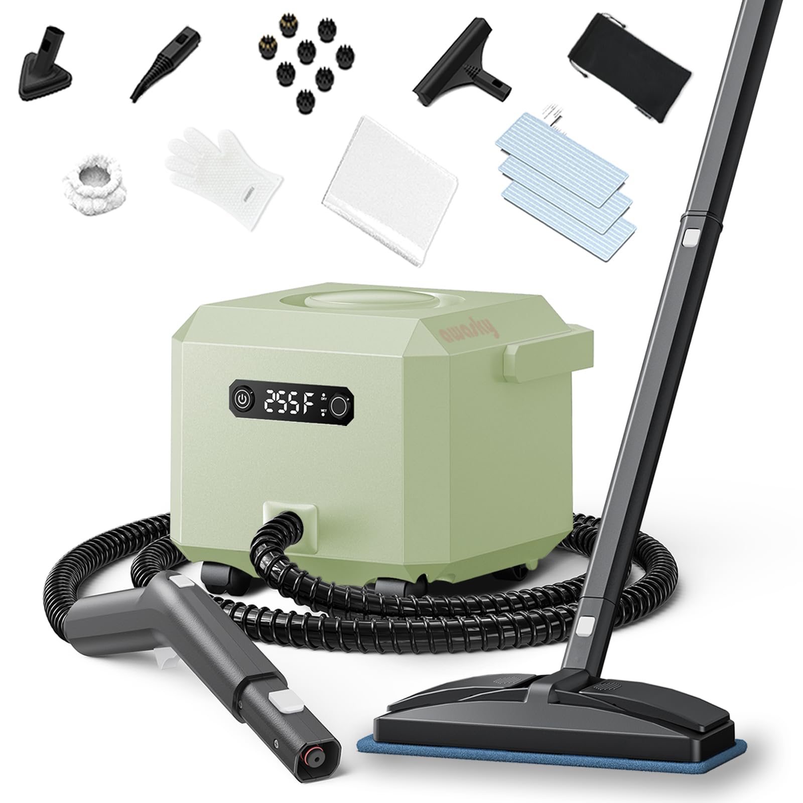 awasky Steam Cleaner: Fast 50-Sec Heat-Up-21-Piece Kit-Refill Anytime-No Cooling-Detachable Hose Multipurpose Steamer Mop for Home Use Car Upholstery Bed Tile Grout Floor Bathroom Cleaning Green