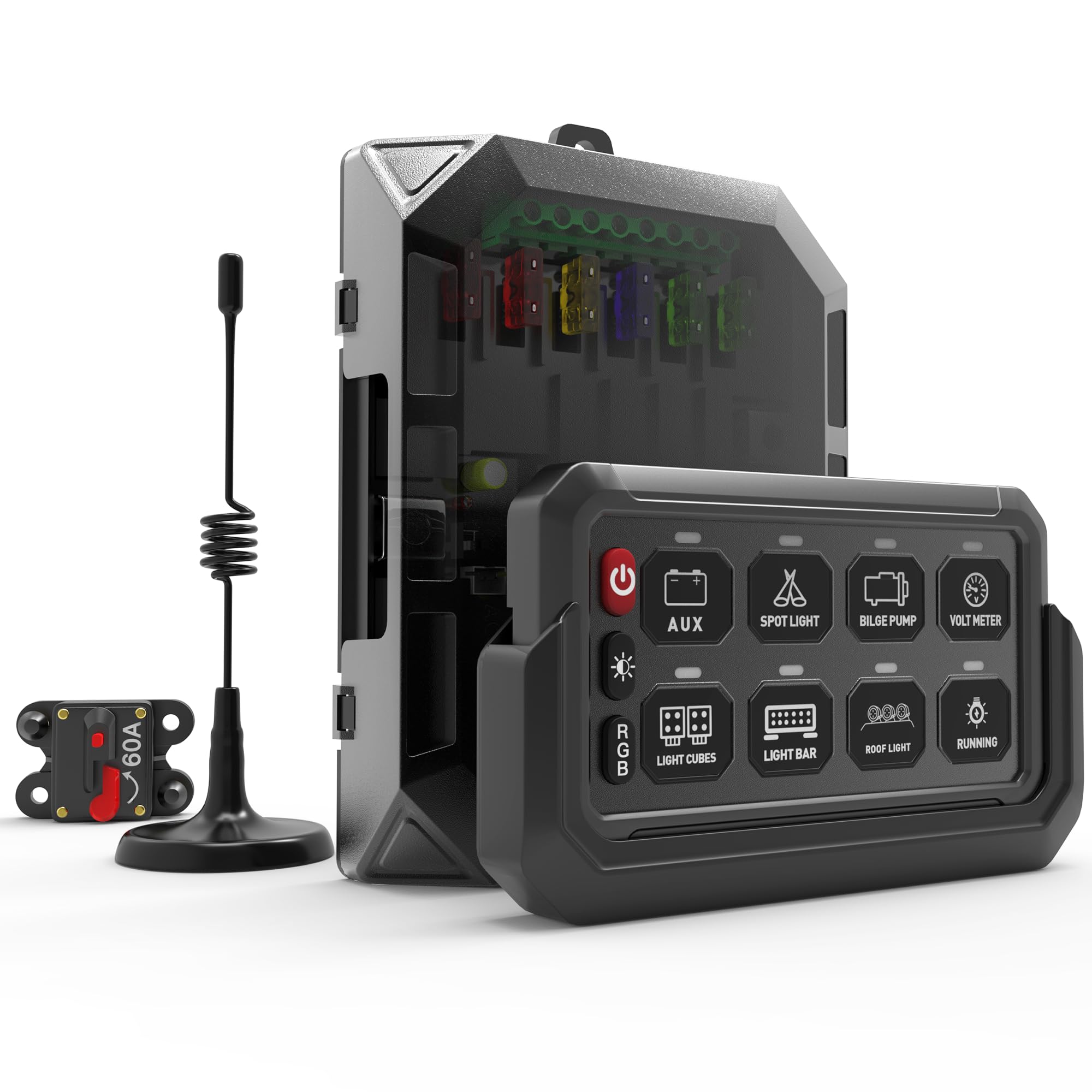 Wireless RGB 8 Gang Switch Panel, Marine Panel Box, Remote Control Range Up to 600FT Multifunction Offroad Light Auxiliary LED Pod for 12V/24V Car Truck SUV Marine Boat