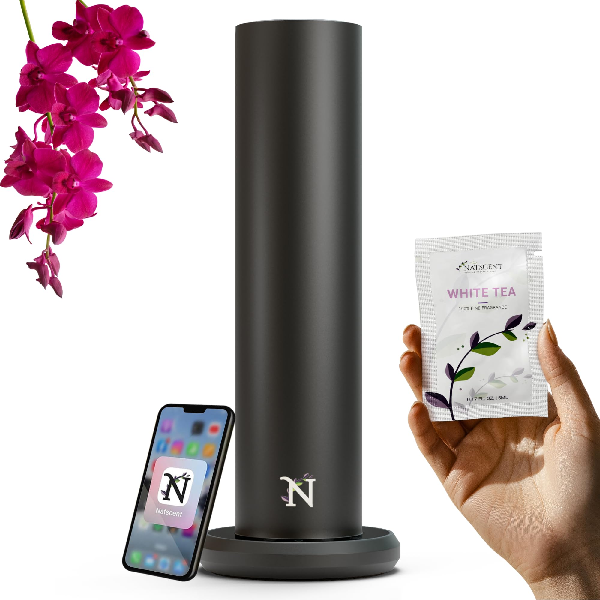 Natscent Dynamo Essential Oil Diffuser for Home with Fragrance Sample, App & Manual Control, Cold-Air Scent Diffusers for Home, Large Room, Hotel Scent Diffuser up to 1000sq.ft Black Aroma Diffusers