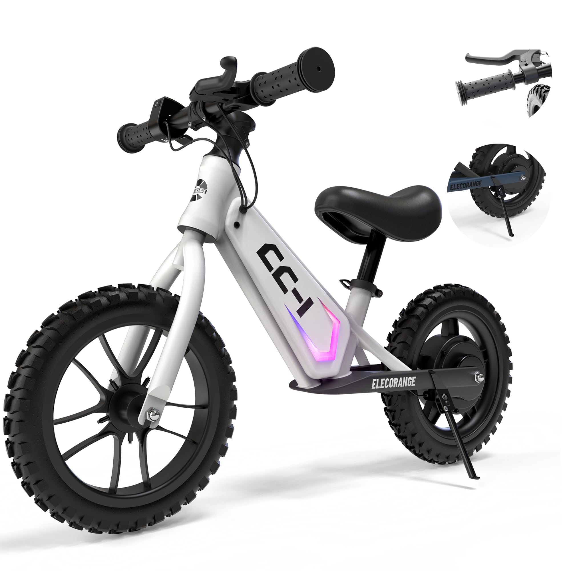 elecorange CC-1 Kid Electric Balance Bike, Electric Dirt Bike for Kids Ages 3-5, 12'' Off-Road Wheel, Long Range Rechargable Battery, 7.5/11 Mph Top Speed, 3 Ride Modes, Adjustable Seat & LED Display