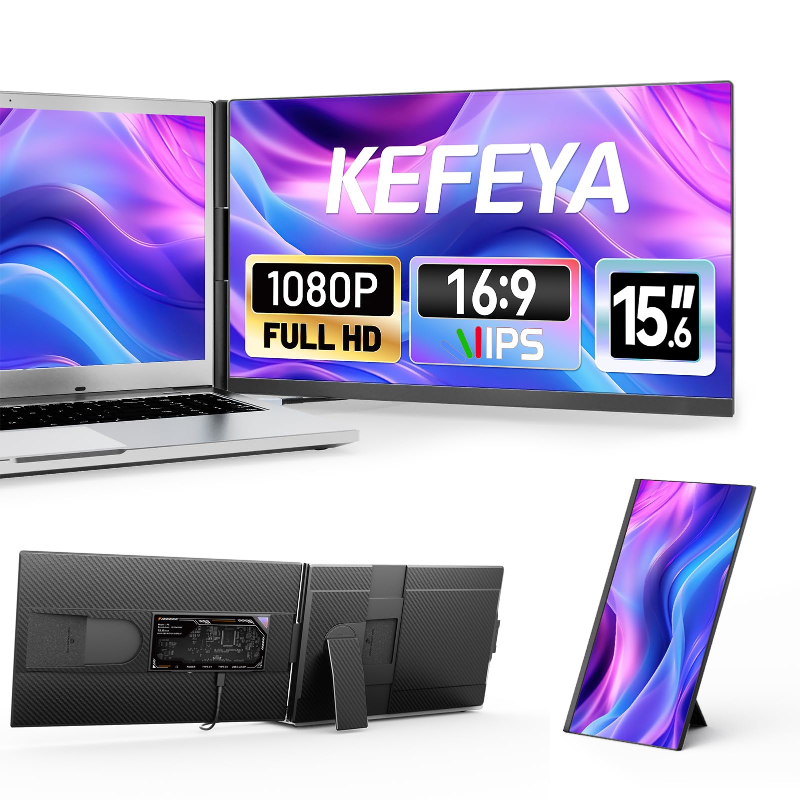 KEFEYA Laptop Screen Extender, 15.6" FHD 1080P IPS Portable Monitor for Laptop, Plug and Play Dual Monitor Extender for 13"-17.3" Laptops, Compatible with MAC, Windows, Android, Linux, Chrome