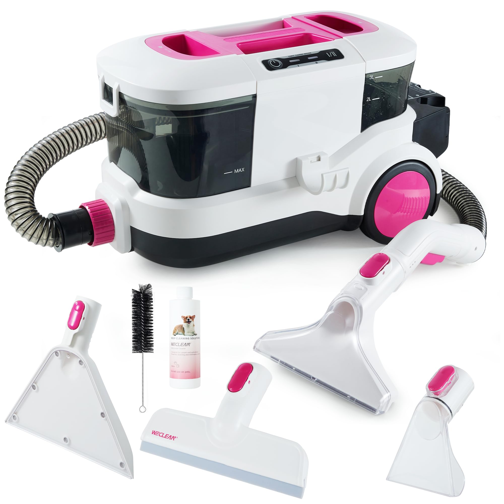 WECLEAN Carpet Cleaner Machine and Stain Remover for Deep Cleaning Upholstery for Carpets Rugs and Fabric Seats,800W 18Kpa，3L Clean Tank and 1.5L Dity Tank, Pink