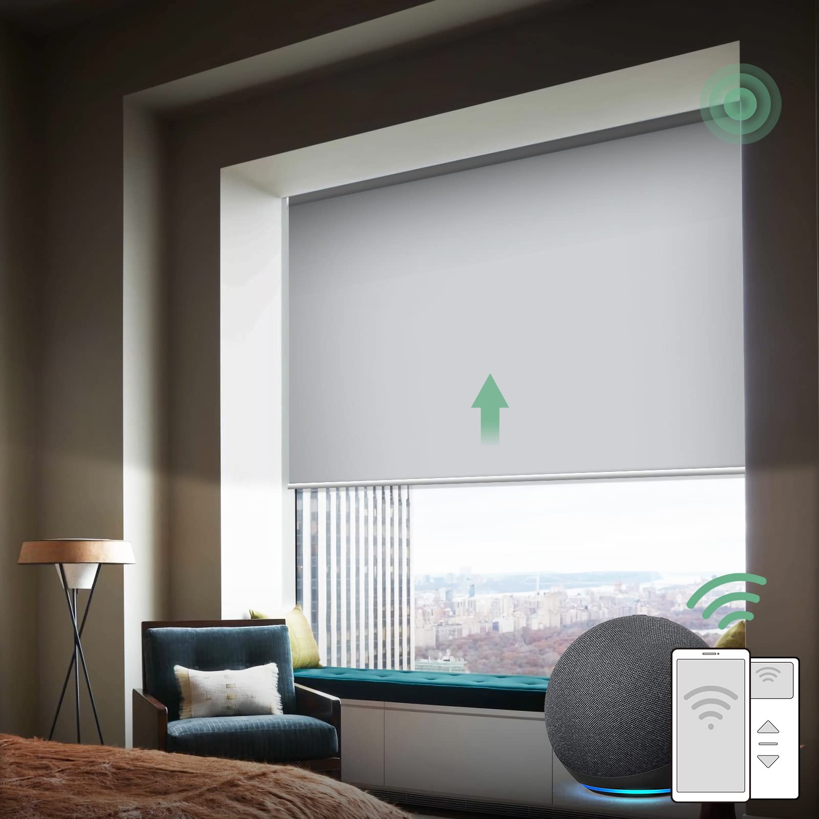 Yoolax Motorized Blinds with Remote, Blackout Smart Blinds Motorized Fabric Roller Shades Work with Alexa, Automatic Shades for Windows Custom Size (Greyish White)
