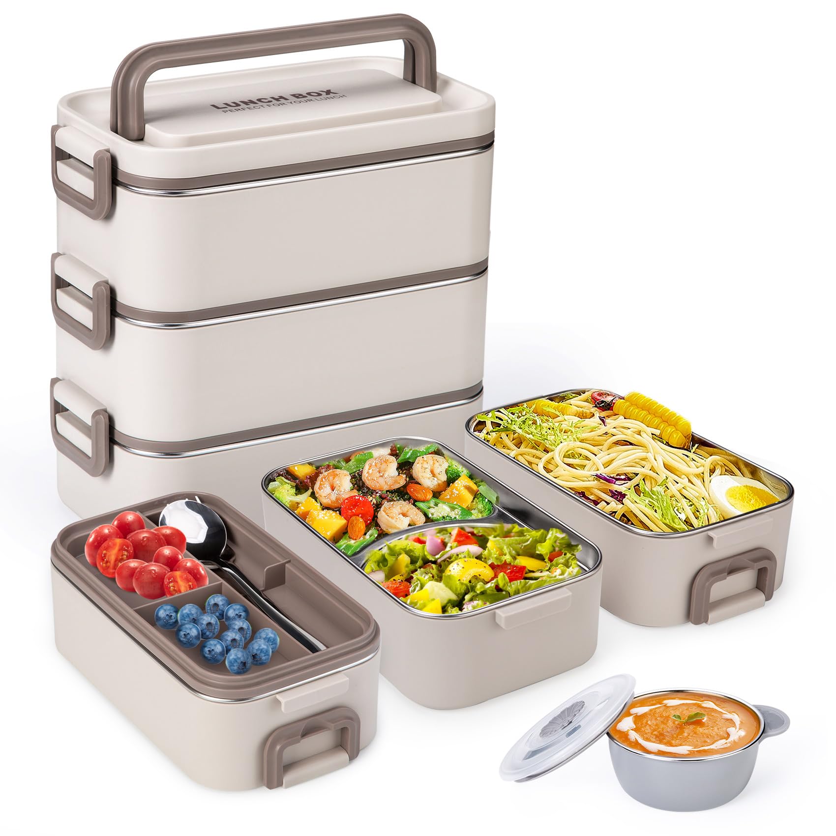 Reabulun Bento Box Adult Lunch Box, Stackable 3 Layer 304 Stainless Steel Lunch box for Adults Kids Office, 3L Large Capacity Portable Lunch Box Containers with Soup Bowl Spoon and Fork