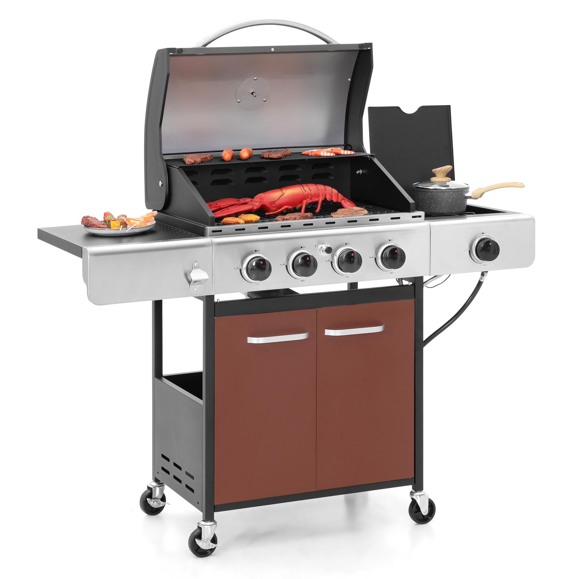 Captiva Designs 4-Burner Propane Gas BBQ Grill with Side Burner & Porcelain-Enameled Cast Iron Grates, 42,000 BTU Output Barbeque Grill for Outdoor Kitchen and Patio Backyard Barbecue, Dark Red