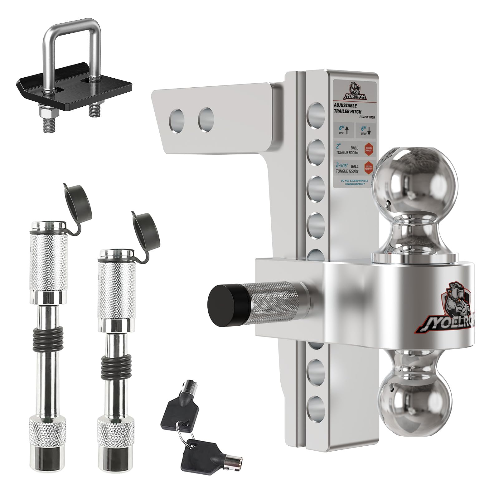 Jyoelron Adjustable Trailer Hitch (2" Receiver) 8" Drop & Rise (12,500 LBS GTW) Heavy Duty Aluminum Tow Hitches Dual Ball (2" & 2-5/16") Hitch Tightener Double Anti-Theft Locking Hitch Pins