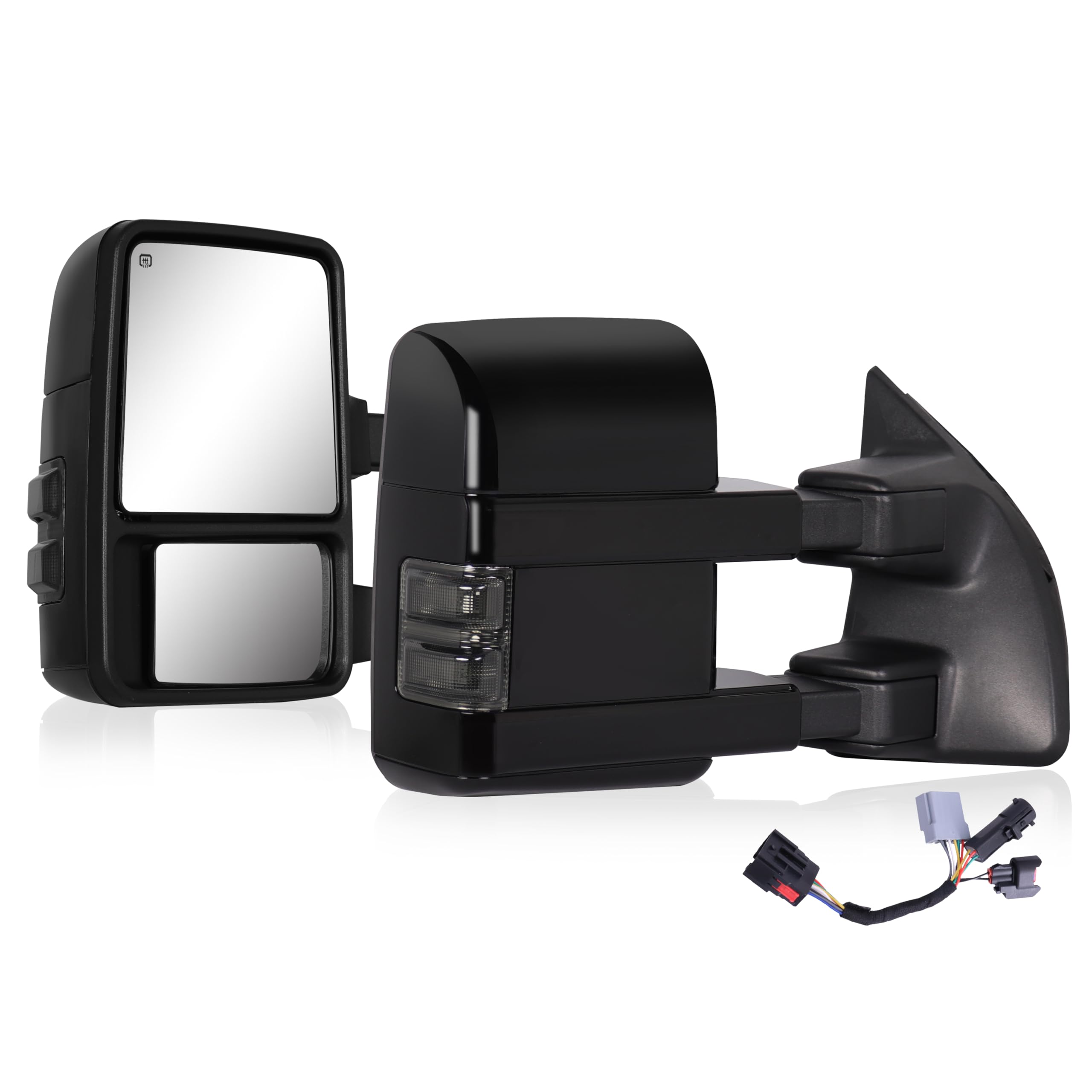 Towing Mirrors Compatible With 1999-2016 Ford F250 F350 F450 F550 Super Duty Truck Side Tow Mirrors, Super Duty Mirrors, Power Heated Pair LED Smoke Painted Black (Tuxedo Black Metallic)