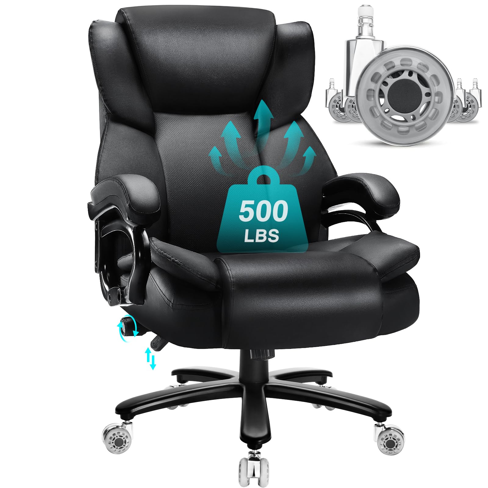 Indulgear 500lbs Big and Tall Office Chair with Dual Rubber Wheel, Heavy Duty Office Chair for Low Back Pain Relief, Large Executive Desk Chair with Adjustable Lumbar Support