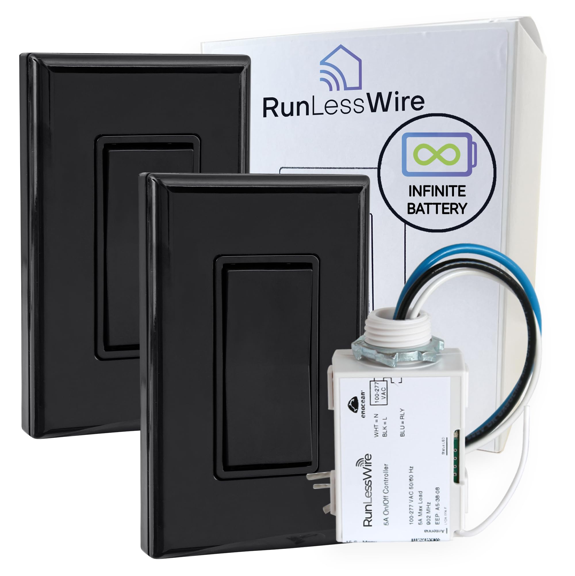 RunLessWire 3-Way Remote Light Switch Kit Wireless Battery-Free Self-Powered Kinetic DIY Wall Switch 150ft RF Range - 3 Way: 1 On/Off Receiver, 2 Switches - Black