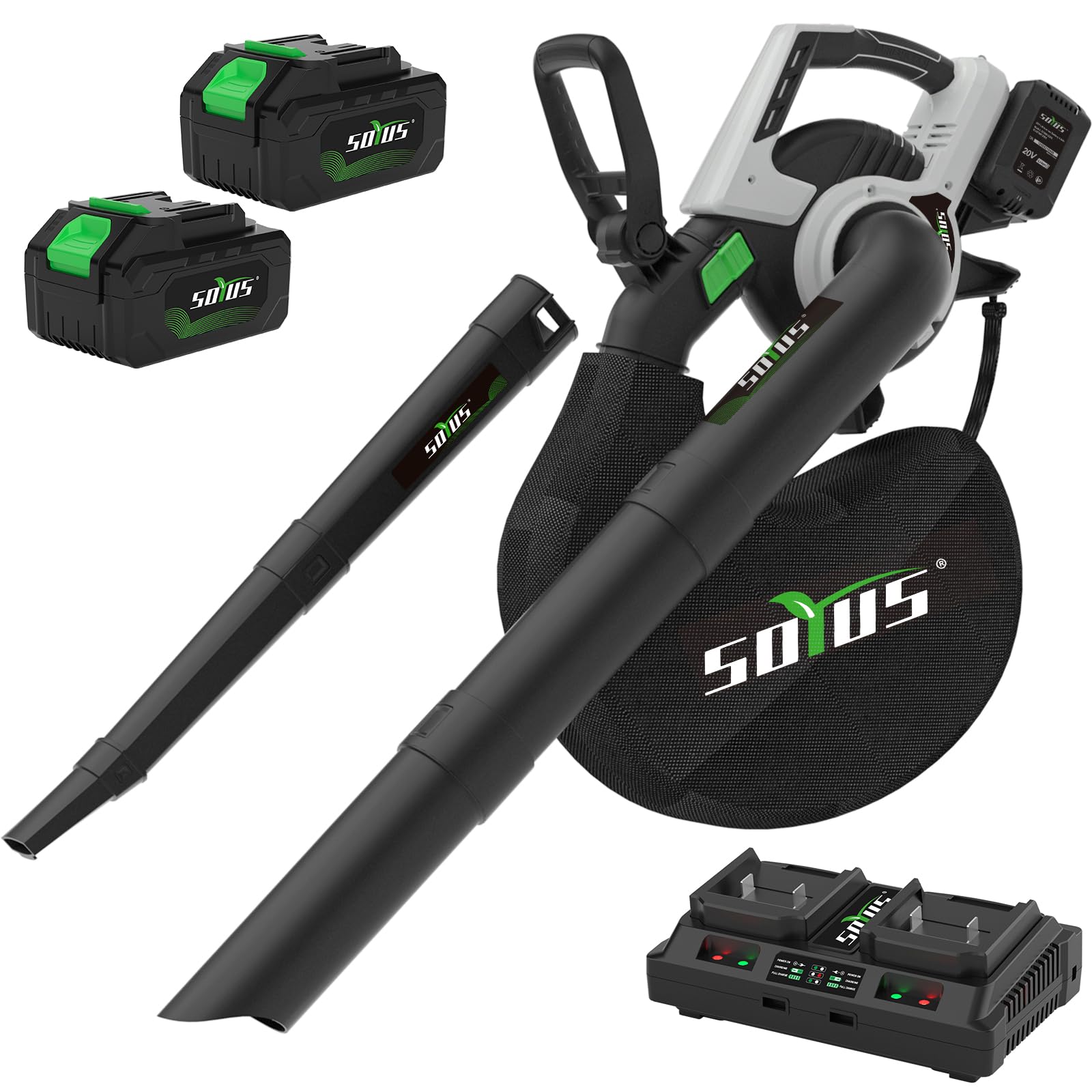 Cordless Leaf Blower&Vacuum SOYUS 3in1 Leaf Vacuum Mulcher 40V 360CFM 5 Speeds Brushless Battery Operated Leaf Blower for Lawn Care with 45L Bag (2 x 4.0Ah Battery and Charger Included)