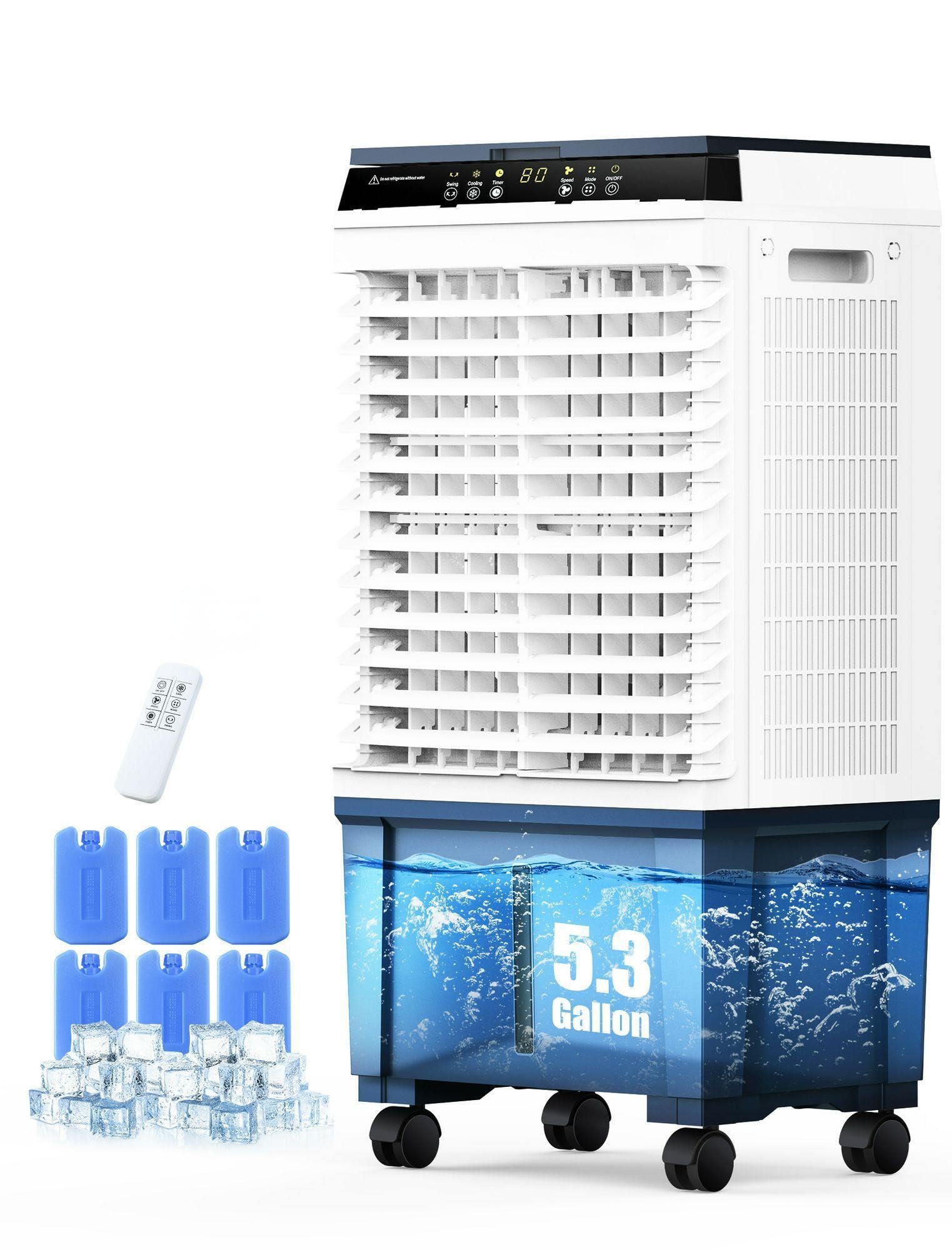 Air Choice Swamp Cooler, 1800 CFM Portable Evaporative Air Cooler with 6 Ice Box & 5.3 Gal Water Tank, 110° Swing, 3 Speeds, Upgraded Remote, 12H Timer, 3-in-1 Air Cooling Fan for Outdoor Indoor, Gray