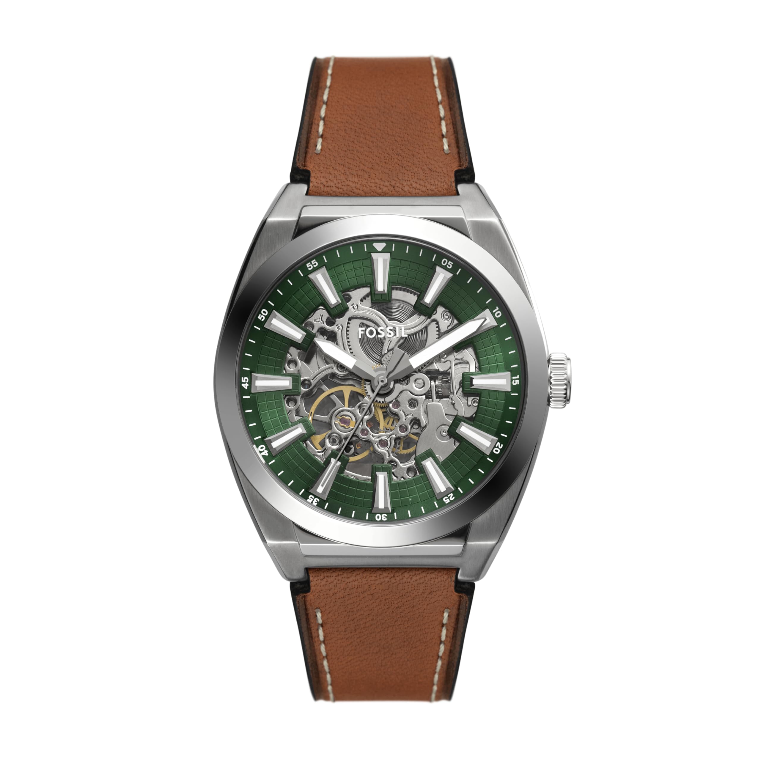 Fossil Men's Everett Automatic Silver Stainless Steel and Brown Leather Band Watch (Model: ME3261)