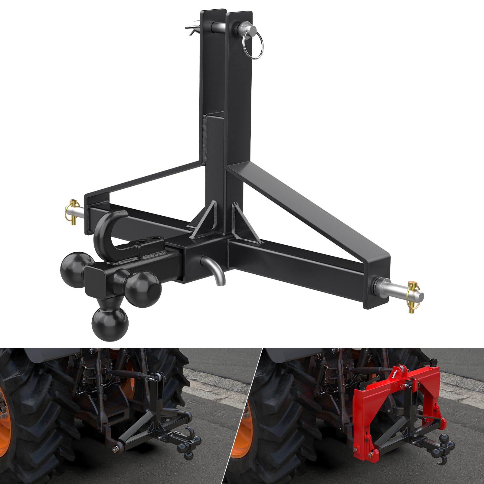 Black 3 Point Trailer Hitch 2” Receiver and Trailer Ball Hitch with Hook, Tractor Mover Drawbar Hitch, 3 Pt Quick Hitch Farm Equipment and Subcompact Trailer Hitch for Tractor Standard Category 1