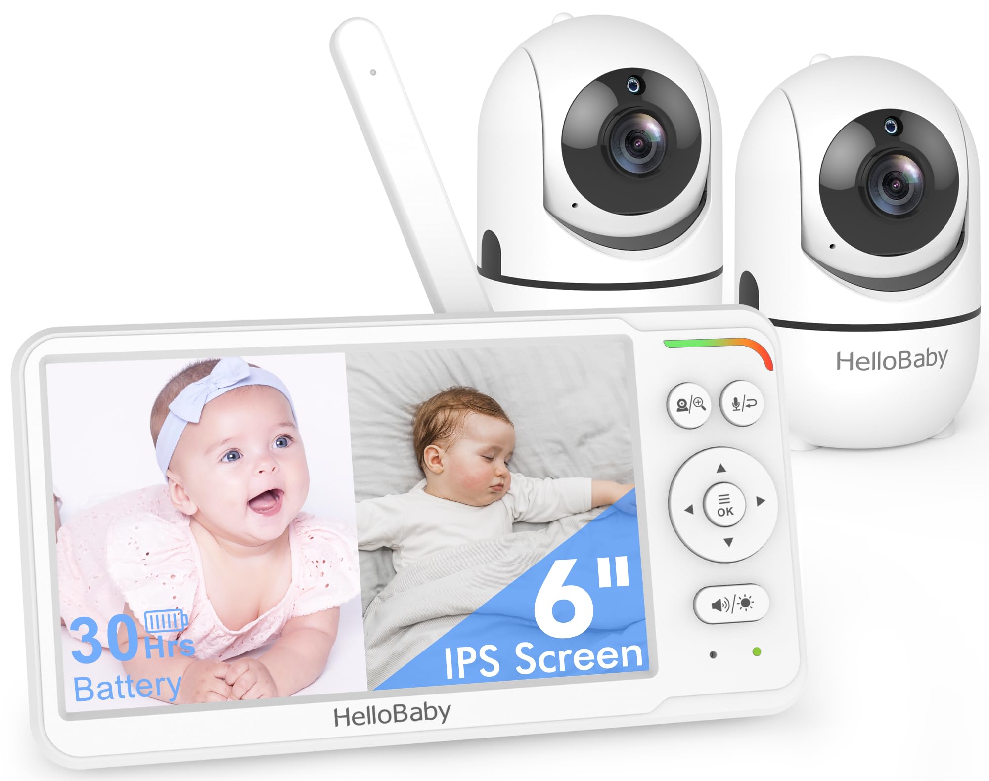 HelloBaby Baby Monitor with 2 Cameras and Audio, 6'' World First IPS Split Screen Baby Camera Monitor No WiFi, 30-Hrs Battery, ECO, 2-Way Talk, Night Vision, 1000ft, Travel Video Baby Monitor Portable