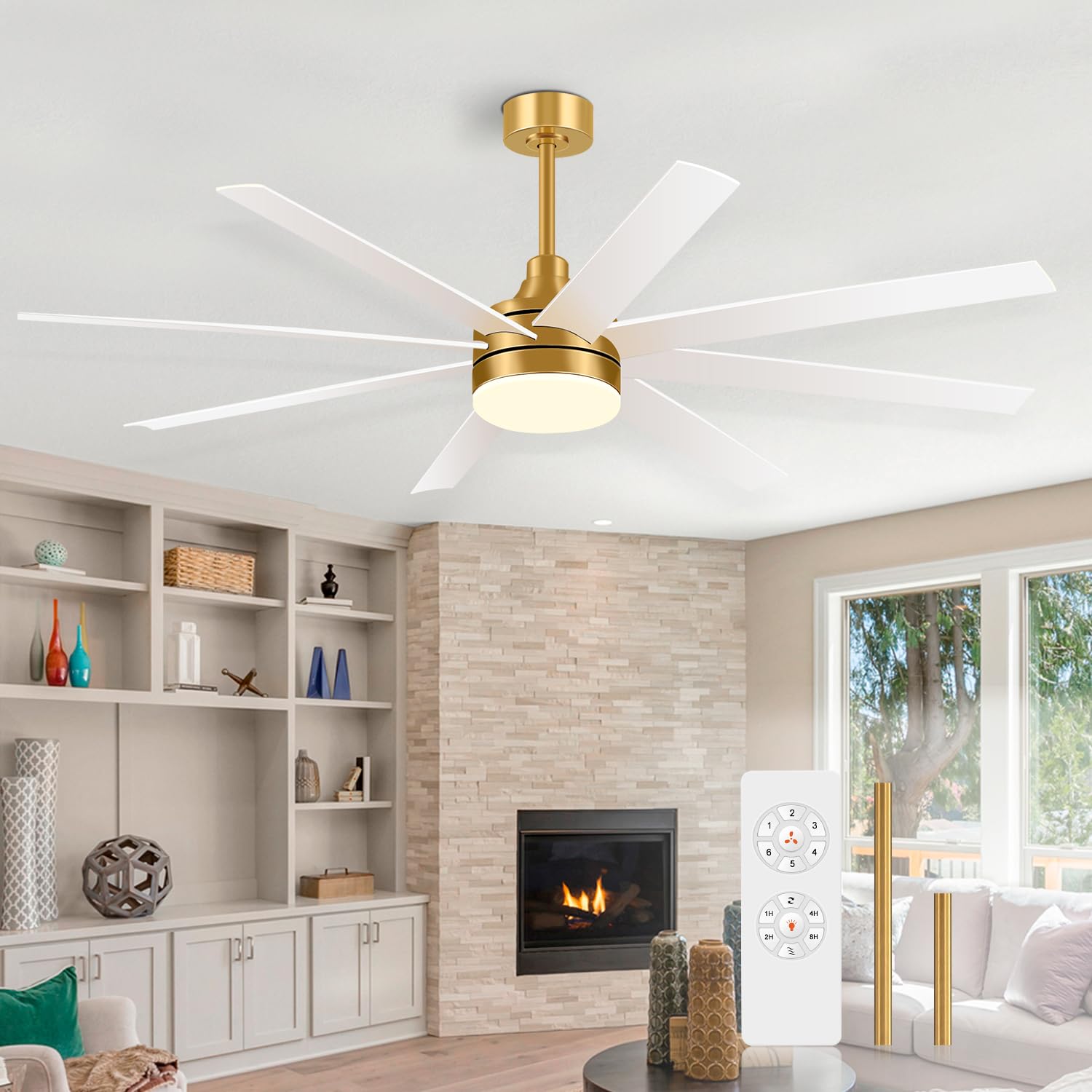 Breezary 65 Inch Ceiling Fan with Light and Remote, 8-Blade, Reversible DC Motor, 6-Speed, Timer, Industrial Ceiling Fans with Led Light Chandelier for Bedroom Office (Gold & White)