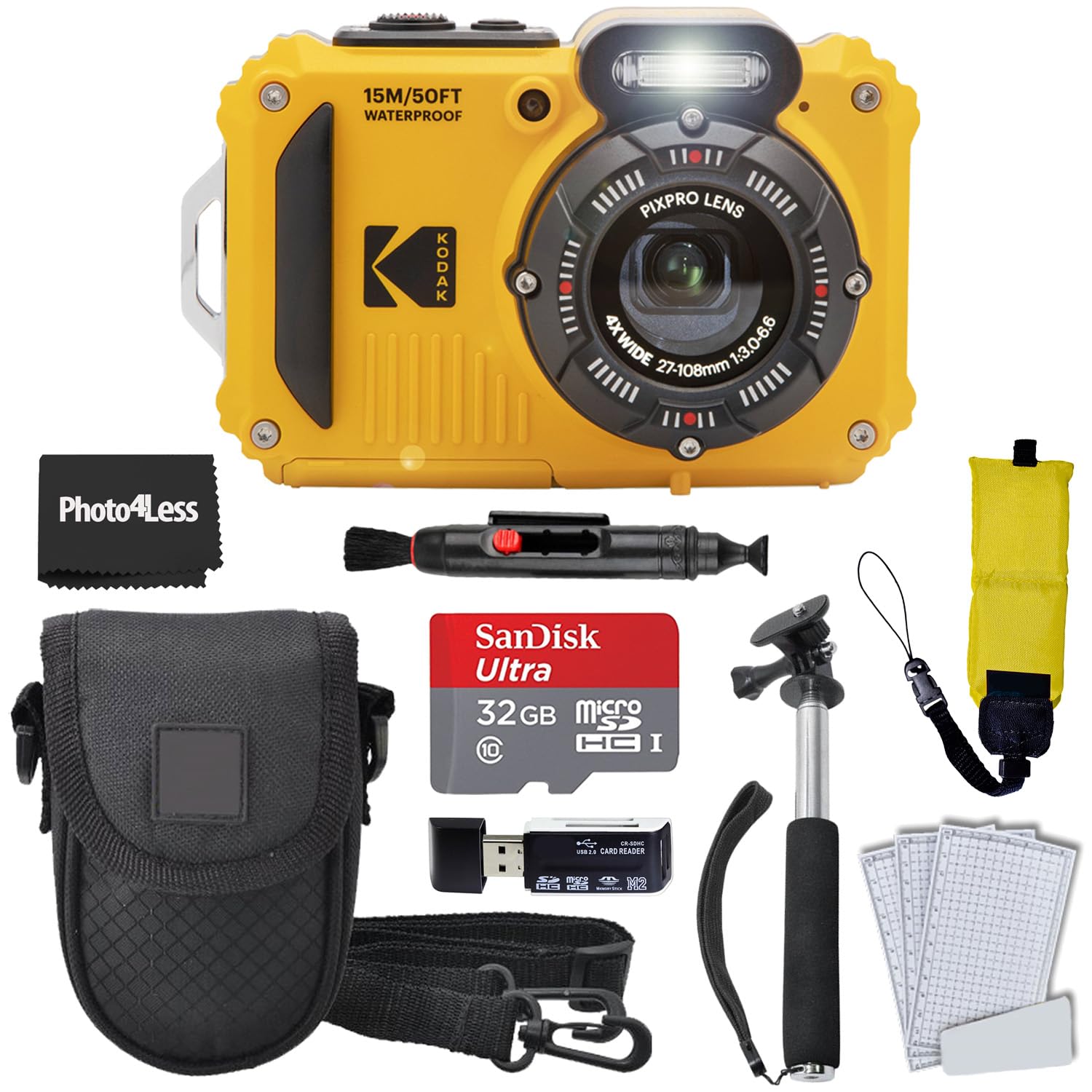 Kodak PIXPRO WPZ2 Rugged Waterproof Shockproof Digital Camera 16MP 4X Optical Zoom 1080P Full HD Video, 2.7 LCD (Yellow), 32GB SD Card, Black Compact Camera Case, Floating Strap, Bundle (7 Items)