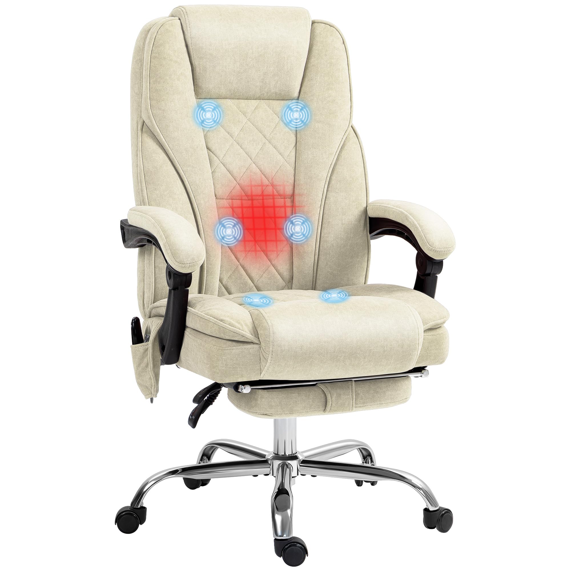 Vinsetto Massage Office Chair with Foot Rest, Executive Computer Desk Chair with 6 Vibration Point and Heat, Reclining Backrest, Swivel Wheels, Adjustable Height, Beige