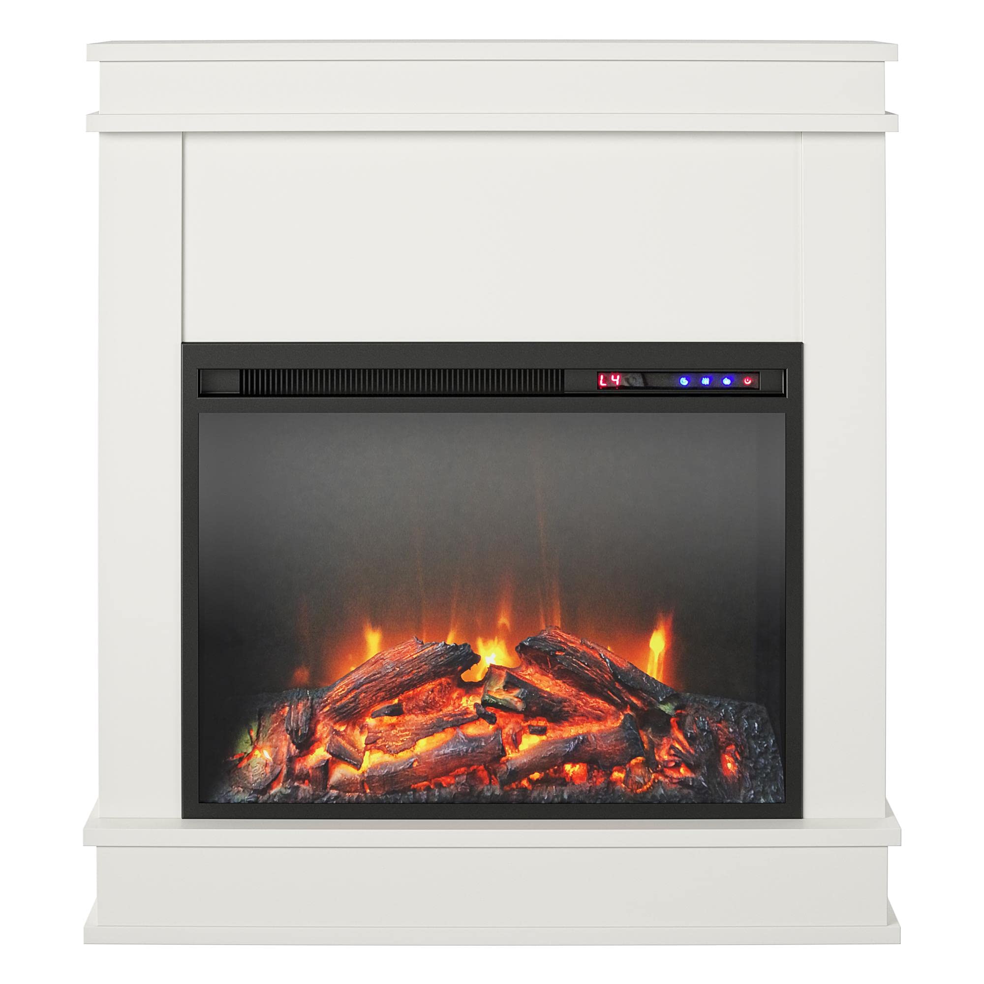 Ameriwood Home Mateo 30 Inch Electric Fireplace with Mantel, Replaceable Fireplace Insert Heater, Freestanding, Remote Control, Timer, Realistic Log and Flame Effect, White