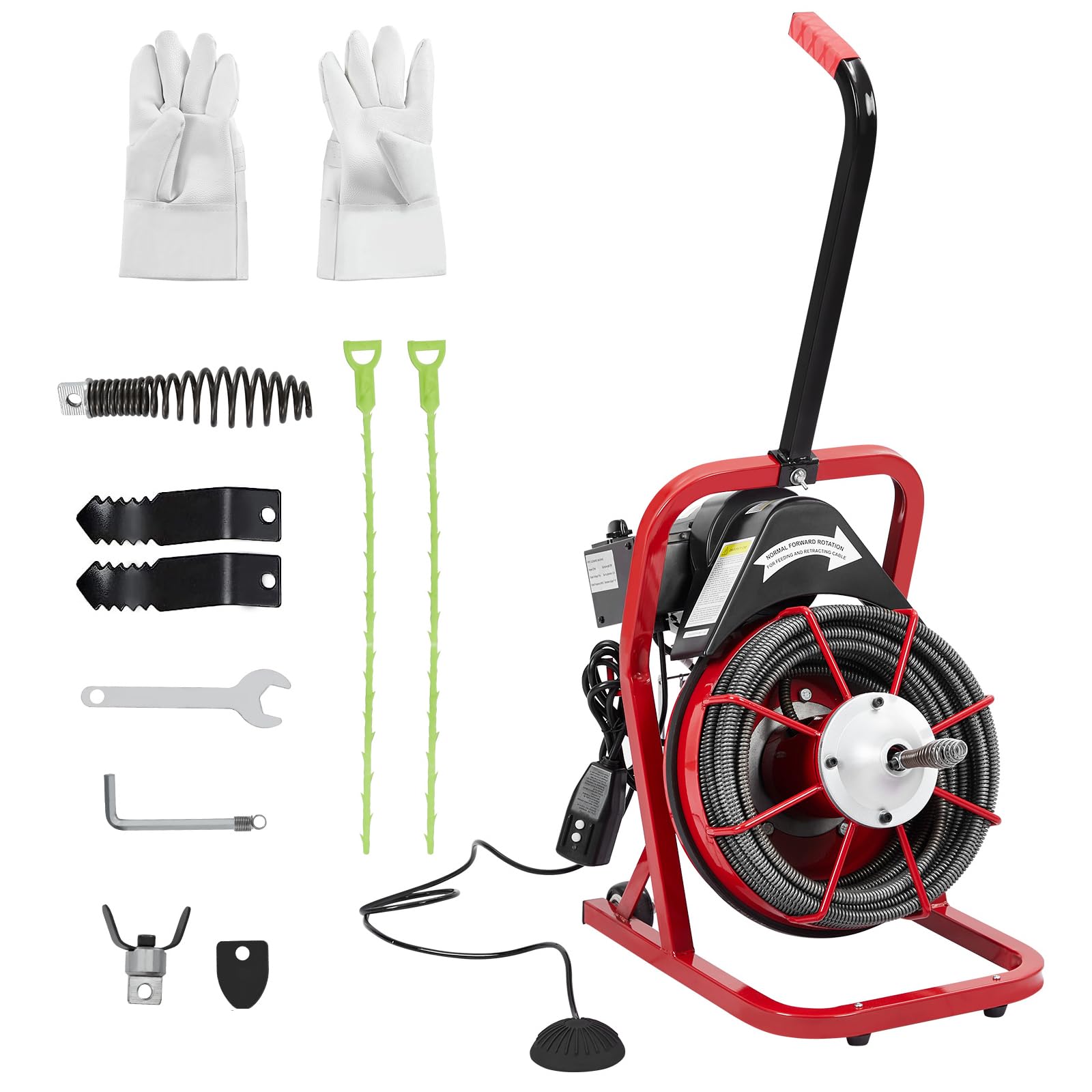 MOVECOM 75FT x 3/8 Inch Electric Drain Cleaner Machine | K300K Sewer Auger for 1 to 4 Inch Pipes with 4 Cutters, Air-Activated Foot Switch, and Gloves