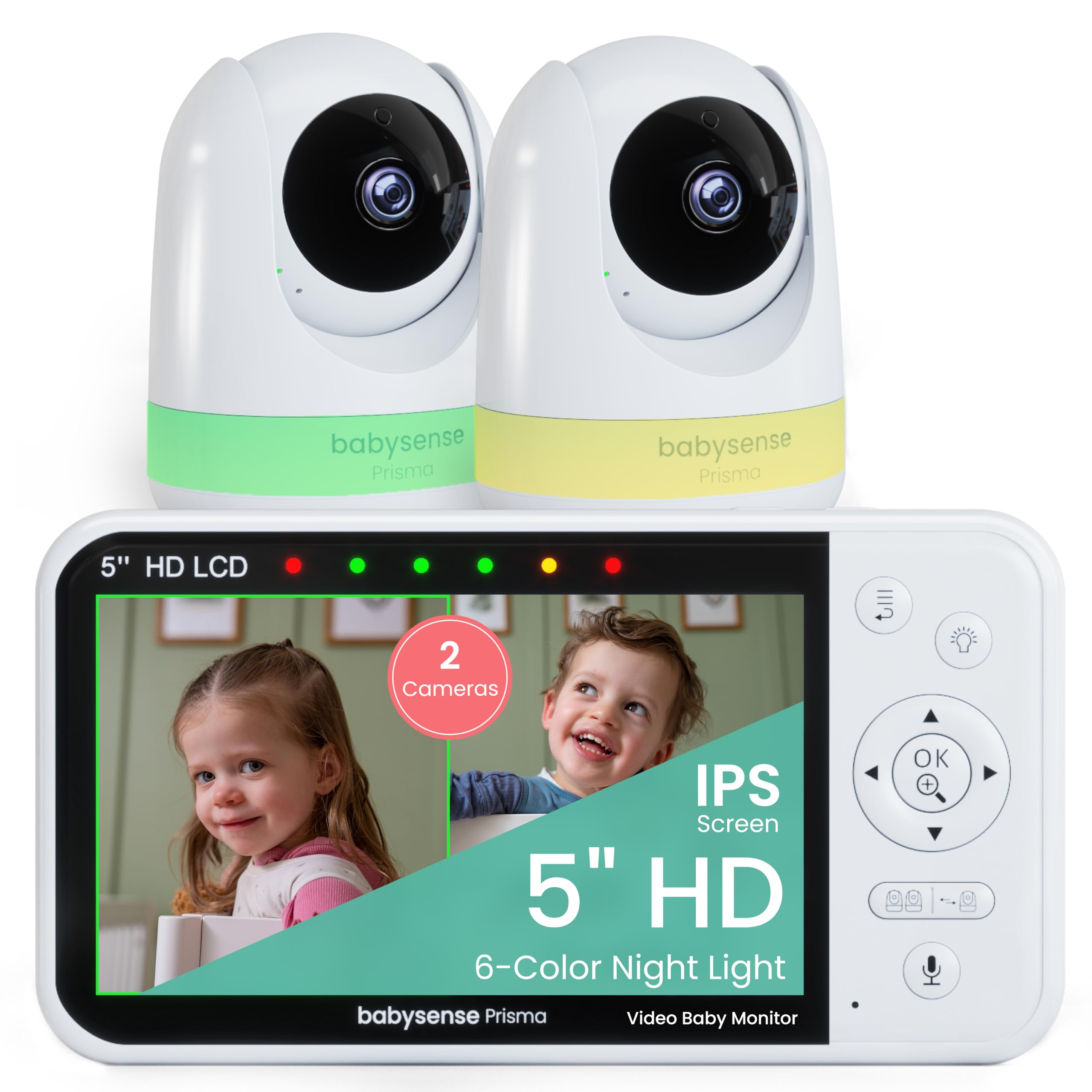 Babysense Prisma Baby Monitor with Camera and Audio, 5” HD Video Baby Monitor with 2 Cameras, 6-Color Night Light, Split Screen, Sound Machine with White Noise & Lullabies, Secure No WiFi