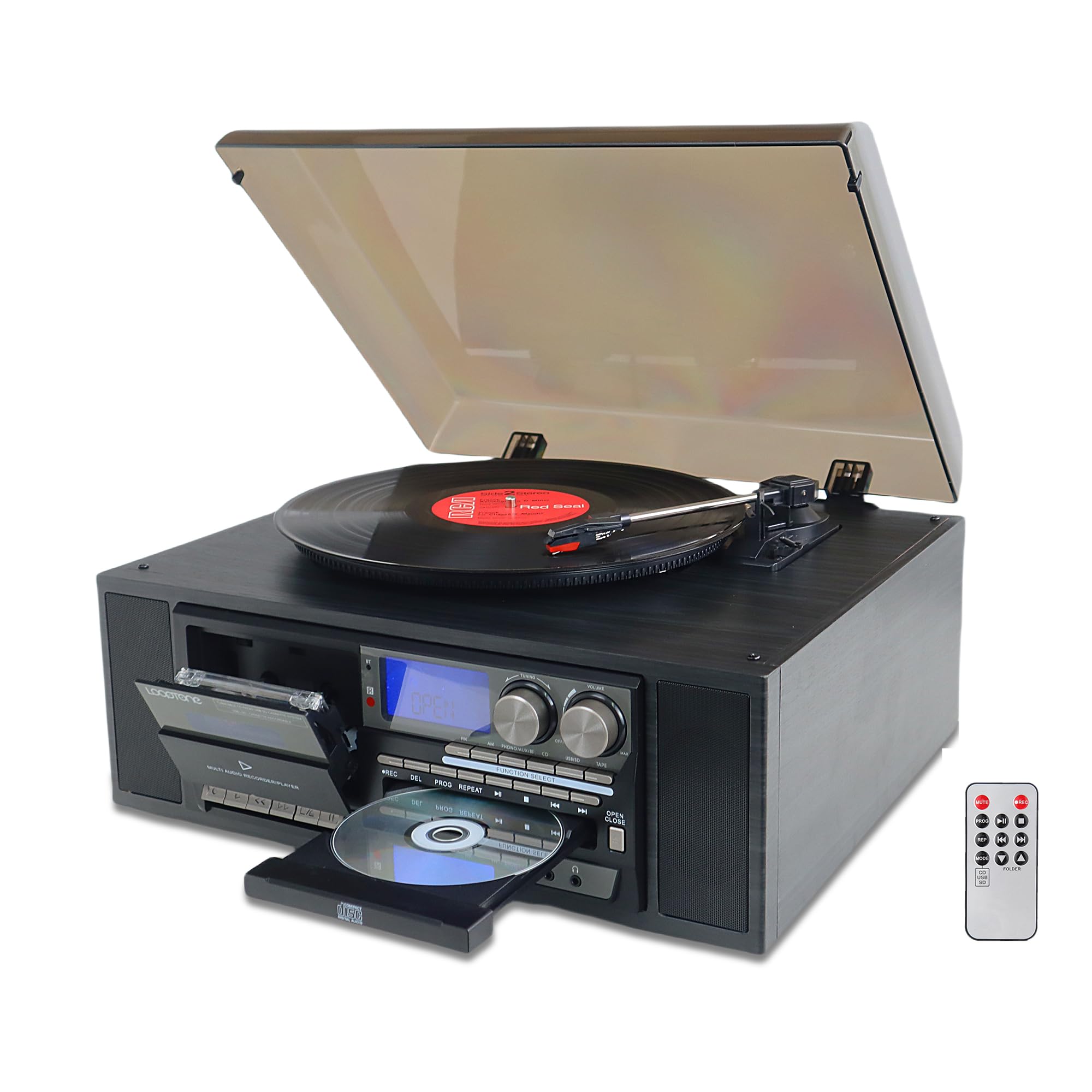 10 in 1 Vinyl Record Player 3 Speed Bluetooth Vintage Automatic Turntable CD Cassette Player AM/FM Radio USB Recorder Aux-in RCA Line-Out (Black)