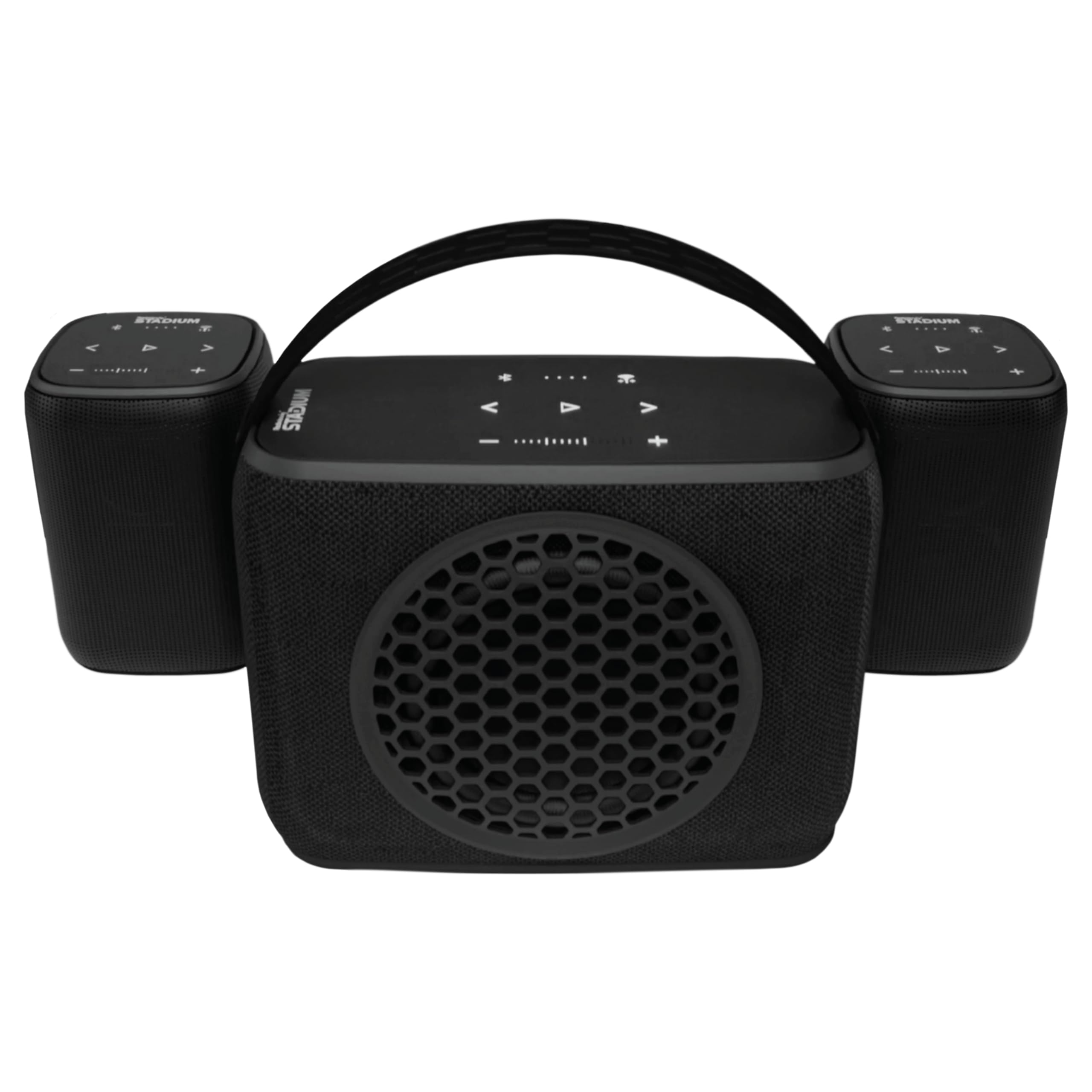Rocksteady Stadium 2: Two Speakers and One Subwoofer 2.1 Bundle - Immersive, connectible, and up to 150 ft of Range. Up to 30 Hours of Battery Life.