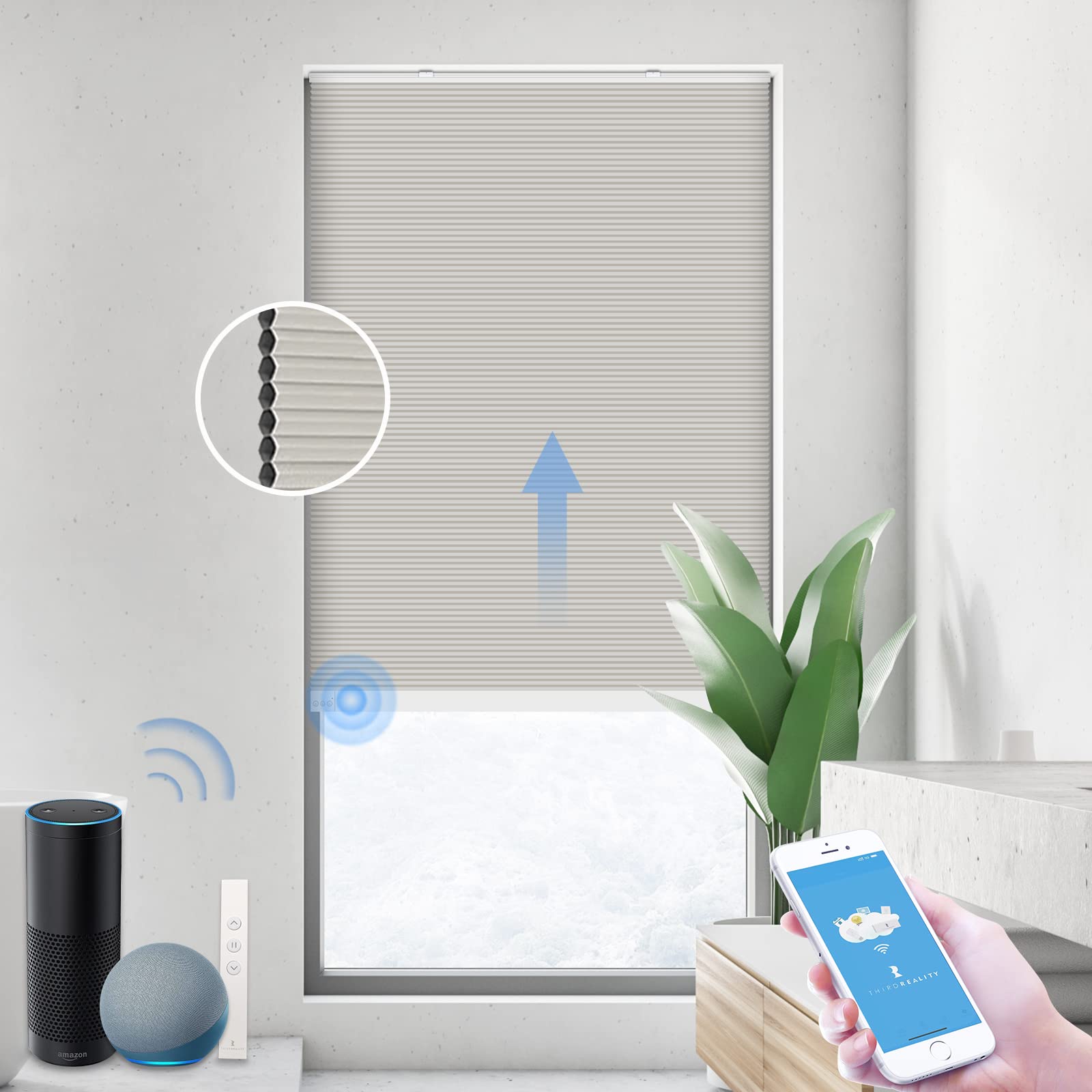 THIRDREALITY ZigBee Smart Blind, Motorized Blackout Window Shades with Remote, Cordless Honeycomb Blinds, Automatic Height Setting, AA Batteries Powered, 36" W x 72" H Beige/White