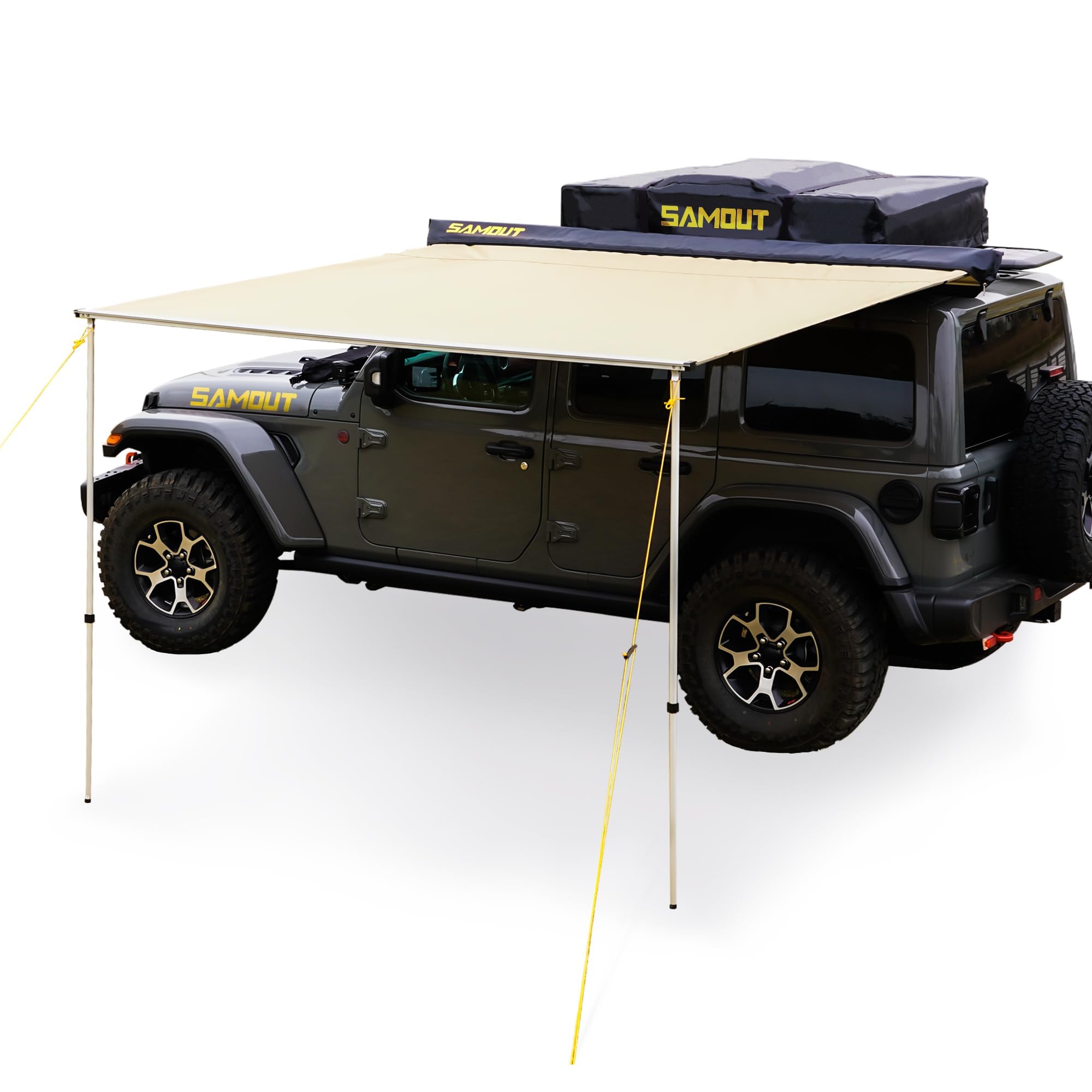 SAMOUT Vehicle Awning, 8.2ft x 8.2ft, Rooftop Pullout Ripstop UPF50+ Side Awning, Reinforced Hinges & Poles for Jeep/SUV/Truck/Van