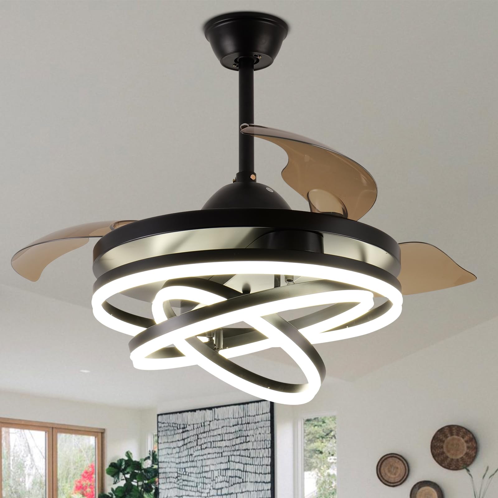 Zenouidle 42" Retractable Ceiling Fan Modern Ceiling Fans with Lights and Remote, Silent DC Motor,3 Color 6 Speed 3 Round Rings Chandelier Ceiling Fan with Lights for Bedroom Living Room(Black)
