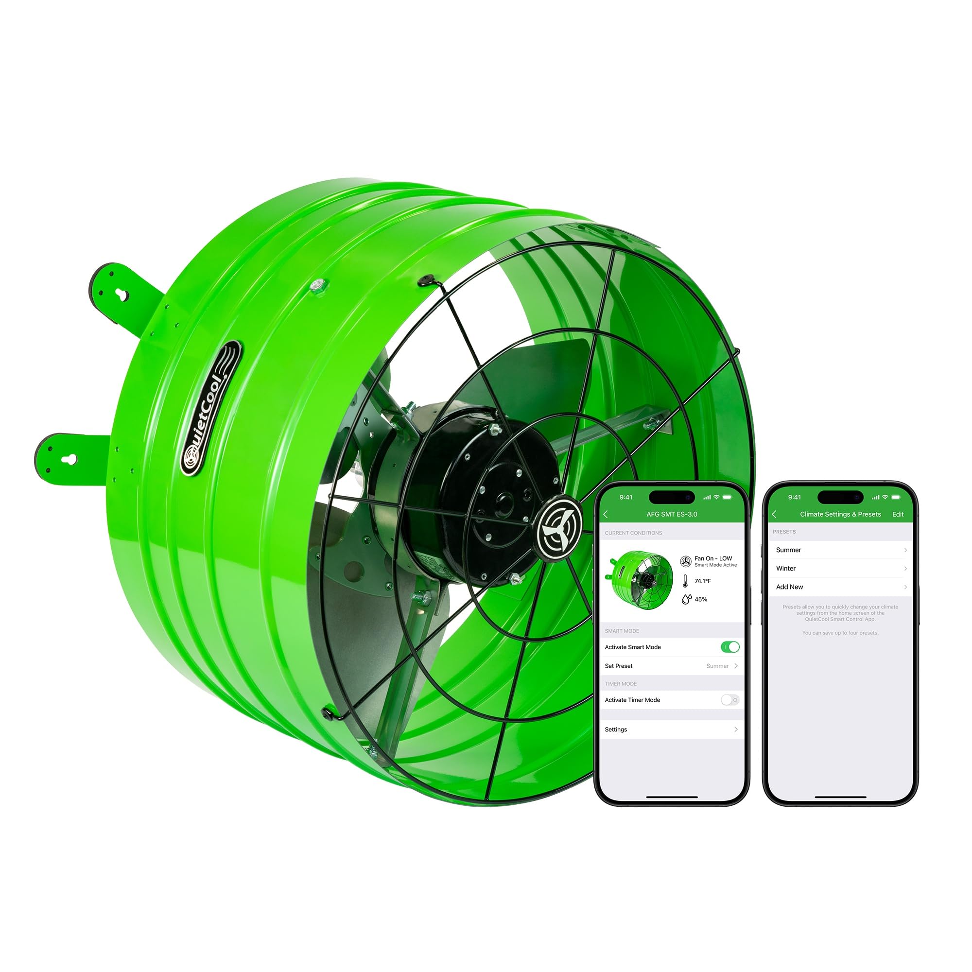 Quietcool AFG SMT ES-3.0 Smart Attic Fan for Gable Vents - Up to 2801 CFM - As low as 22 Watts - Smart App Control - Thermostat and Humidistat - 20ft Power Cord - Plug-and-play - Three Speed