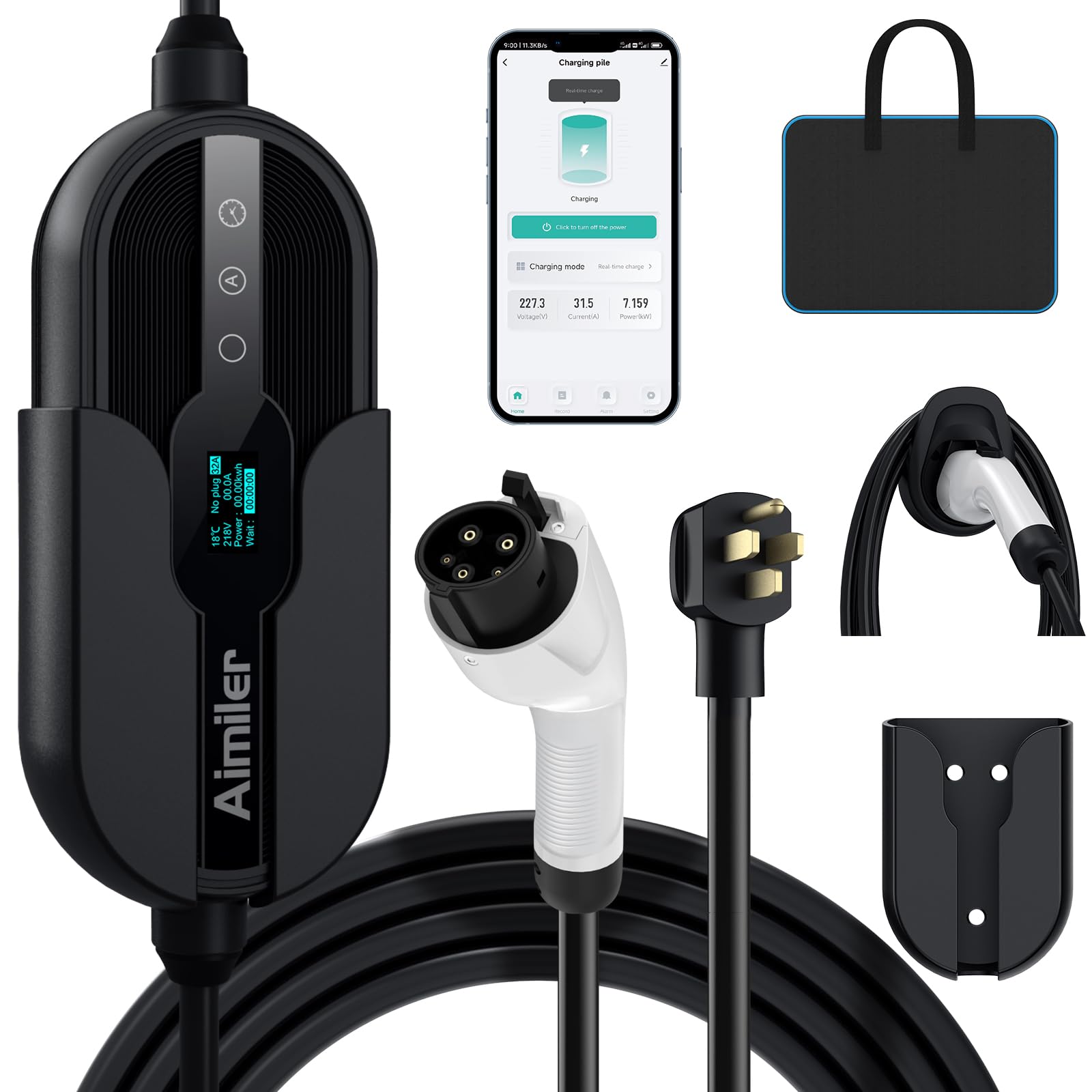 AIMILER Level 2 Electric Vehicle (EV) Charger(32Amp, 220V-240V, NEMA 14-50 Plug), 25ft Cable ETL Listed Portable Indoor/Outdoor EVSE SAE J1772 EV Car Charging Station w/Delay Timer, WiFi Enabled