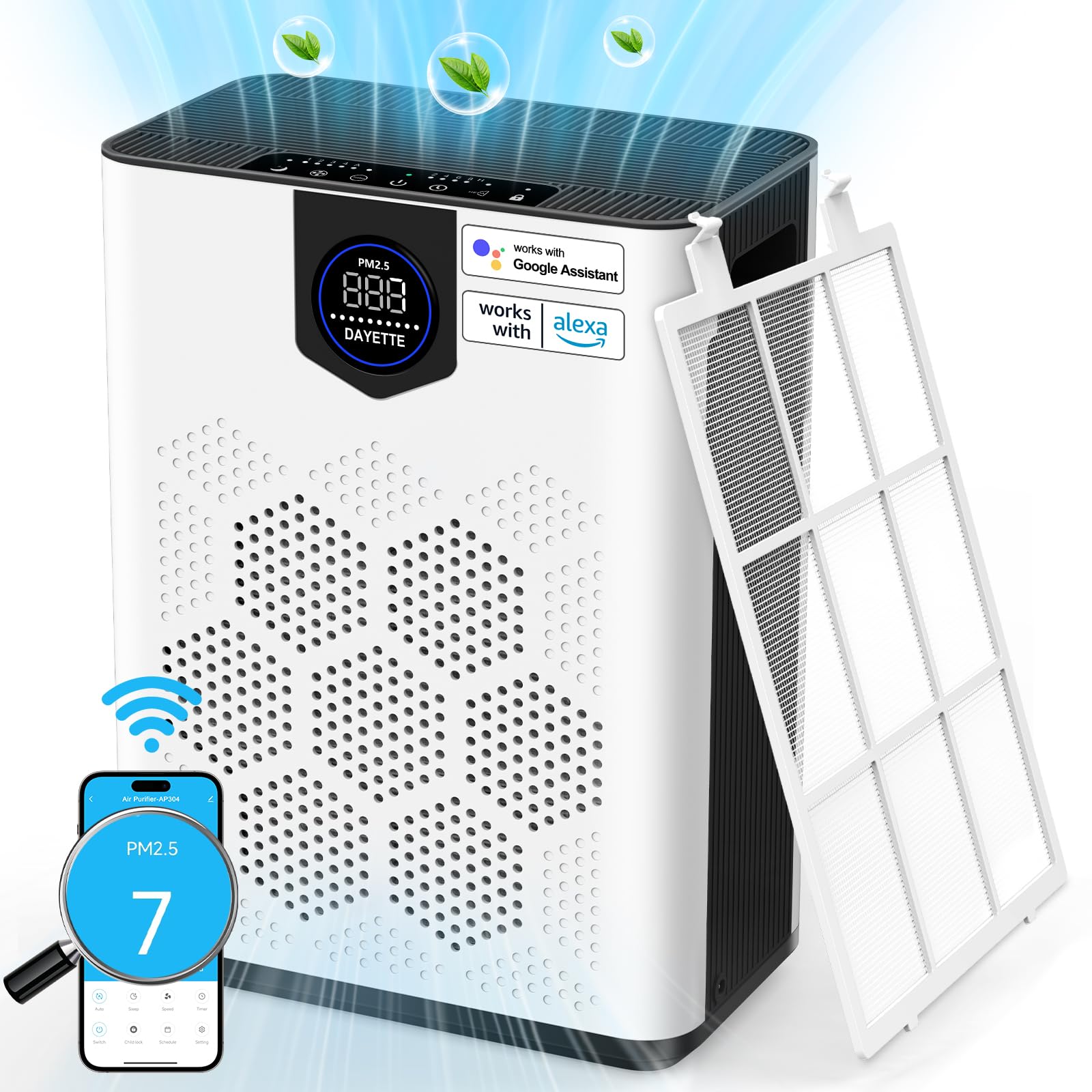 DAYETTE H14 Air Purifiers for Home Large Room Up to 3000 Ft², Smart Wifi with Washable Filters, Air Quality Monitor, 4 Fan & 22 dB Sleep Mode for Bedroom Living Room