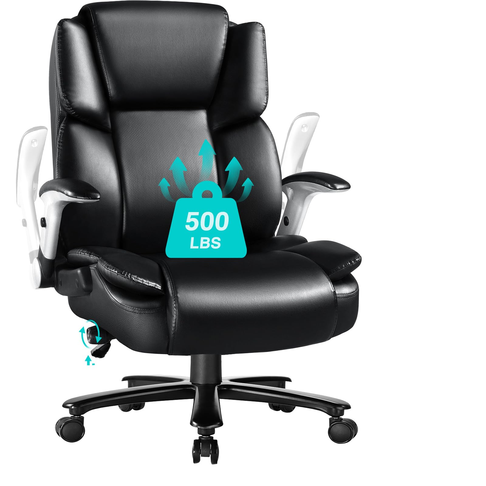 500LBS Big and Tall Office Chair with Flip up Armrest, Ergonomic Heavy Duty Office Chair with Adjustable Lumbar Support, Large Computer Desk Chair, Thick Padded Extra Wide Seat,Heavy Duty Metal Base