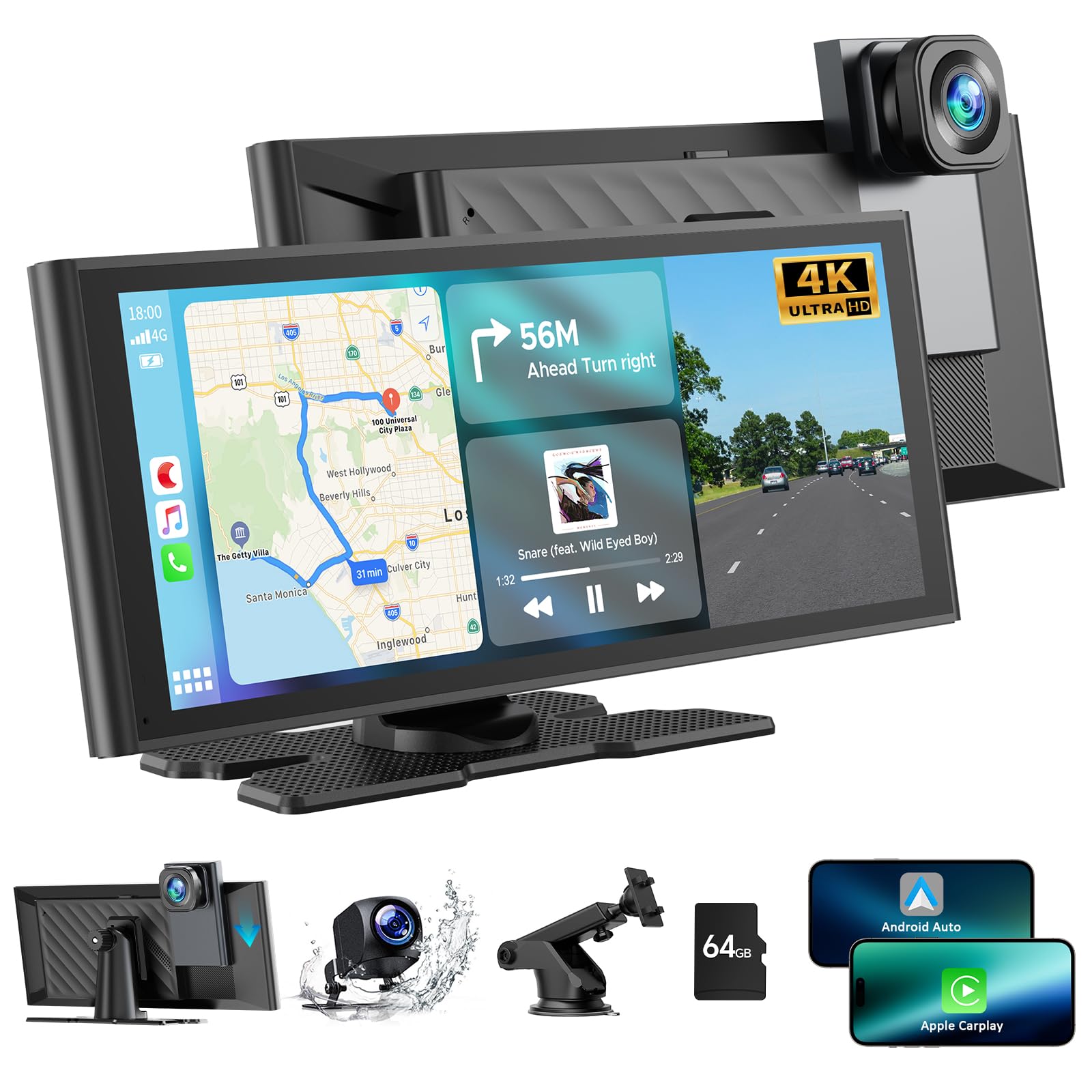 Volam 9.26'' Wireless Carplay Screen for Car with 4K Dash Cam, Compatible with Apple Carplay & Android Auto, Portable Car Stereo with 1080p Backup Camera, Mirror Link, Loop Recording, GPS Navigation