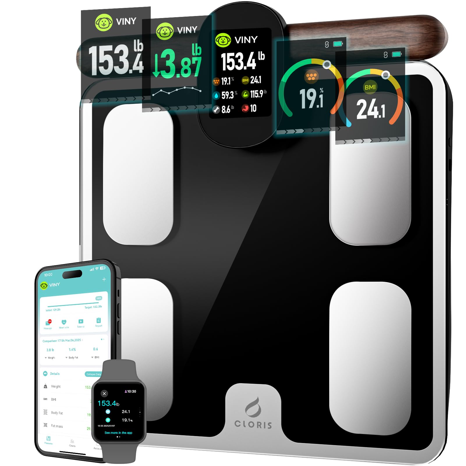 CLORIS 8 Electrodes Digital Smart Scale for Body Weight Fat Accurate BMI Muscle Mass 28 Body Composition Measurement Health Analyzer with App Bluetooth, Full-Color TFT LCD on Retractable Handle