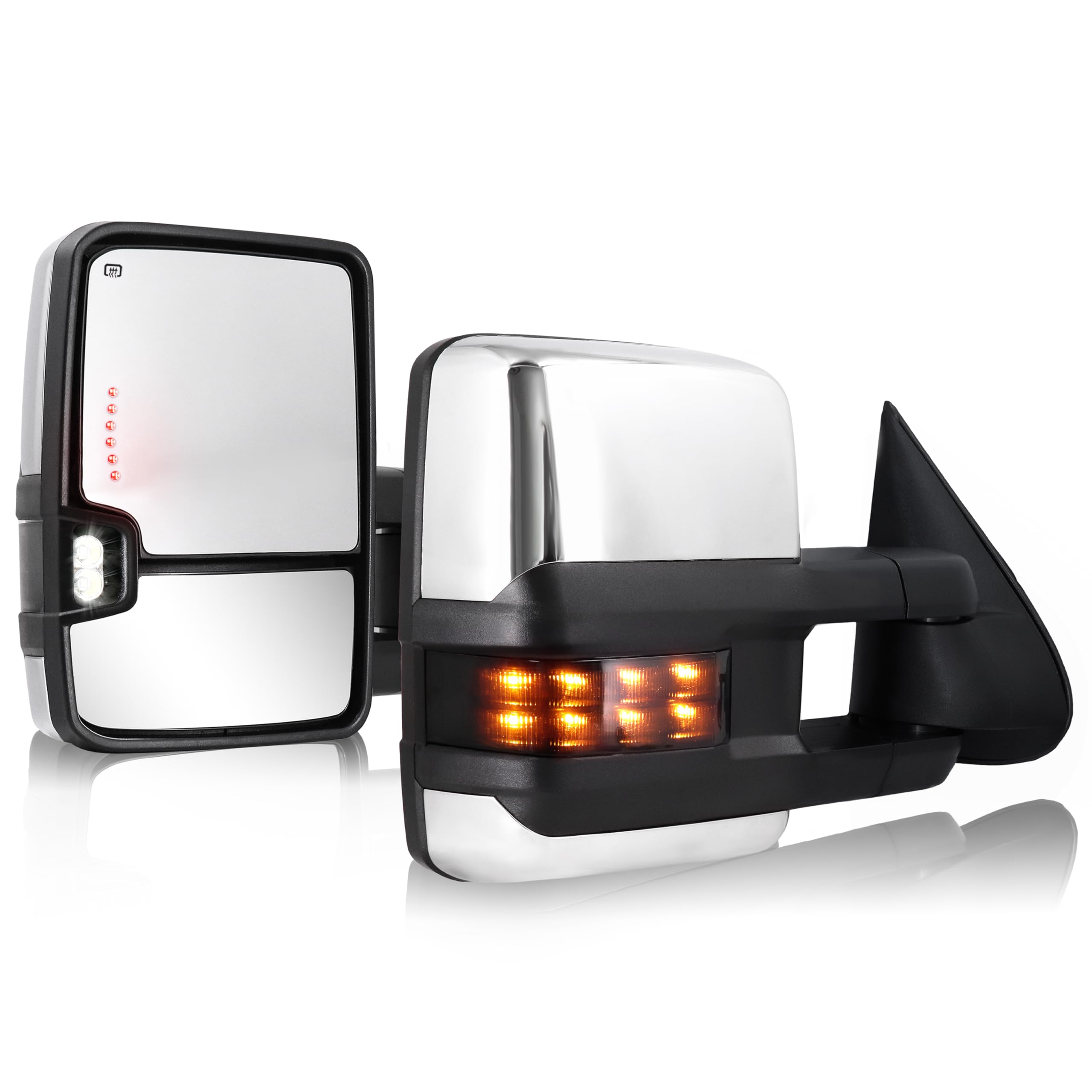 Towing Mirror Compatible 2003-2007 Chevy Silverado GMC Sierra Tow Mirror with Power Adjusted Heated Glass Turn Signal Light Backup Lamp Extendable Pair, Chrome Back