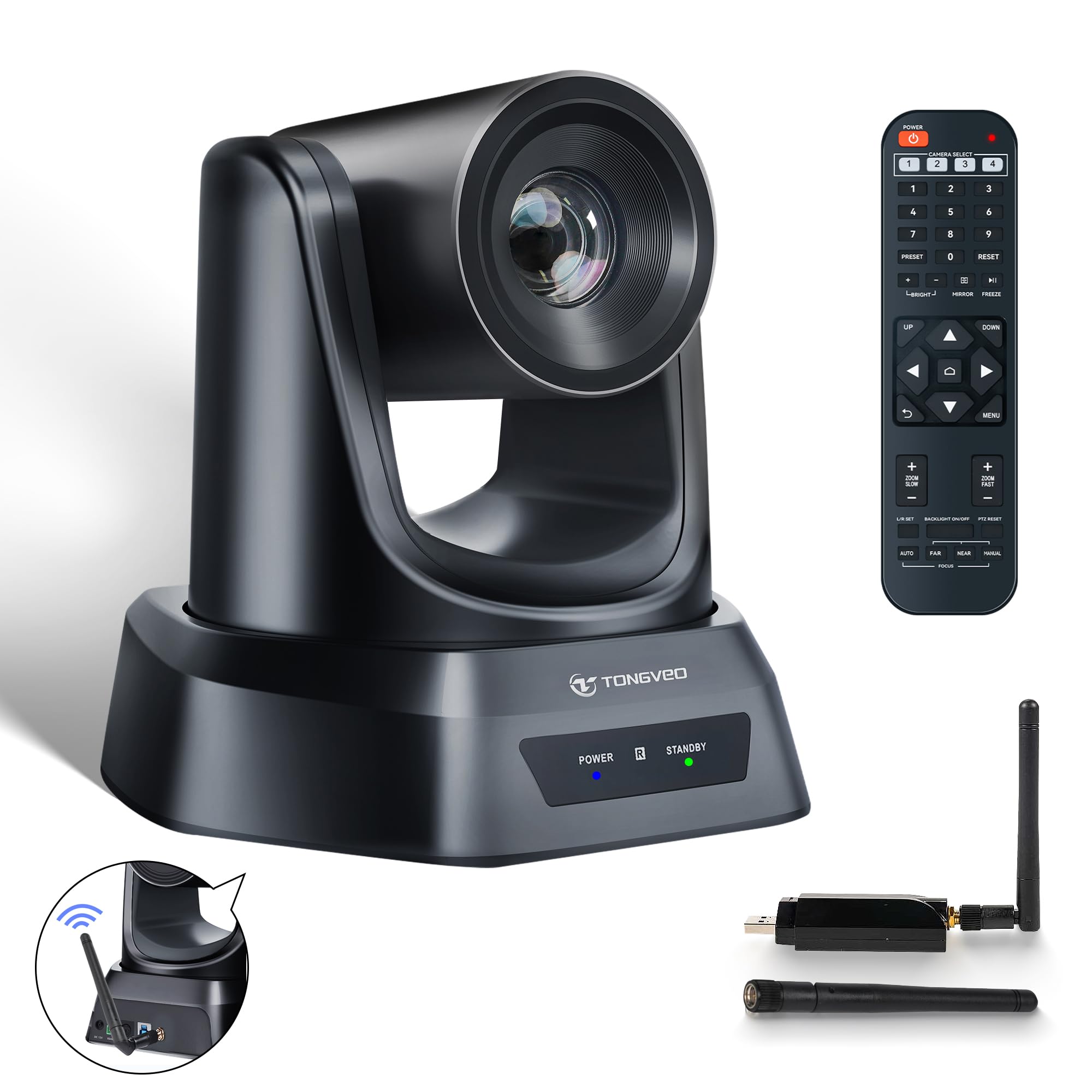TONGVEO Wireless Conference Room Webcam, Church Live Streaming 10X USB 1080P 60fps PTZ Camera for Worship Services Online Conference, Works with Zoom, Skype OBS