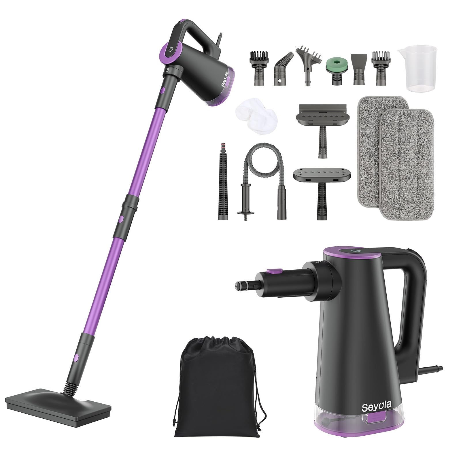 Seyola Steam Mop Cleaner for Hardwood Floor Cleaning, Hands-free Steamer Cleaner Handheld with 9-in-1 Multi-purpose Attachments for Bathroom, Windows, Sofas, Clothes, Tiles Grout (Purple-Black)